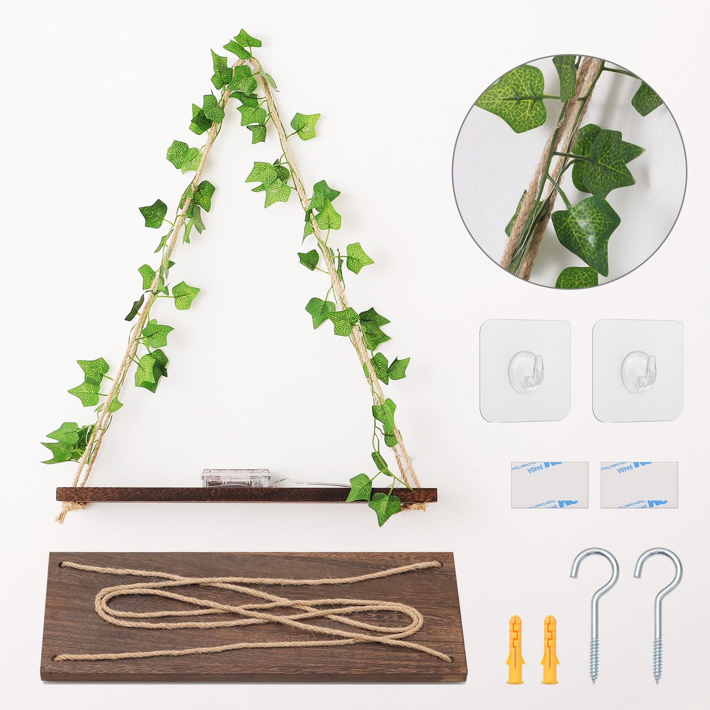 JOLAIQIAN Floating Shelves for Wall, Hanging Shelves with Artificial Ivy LED String Light, No Drilling Hanging Shelf, Wood Hanging Plant Shelves for Wall Décor, Boho Decor, Art Bedroom, Set of 2