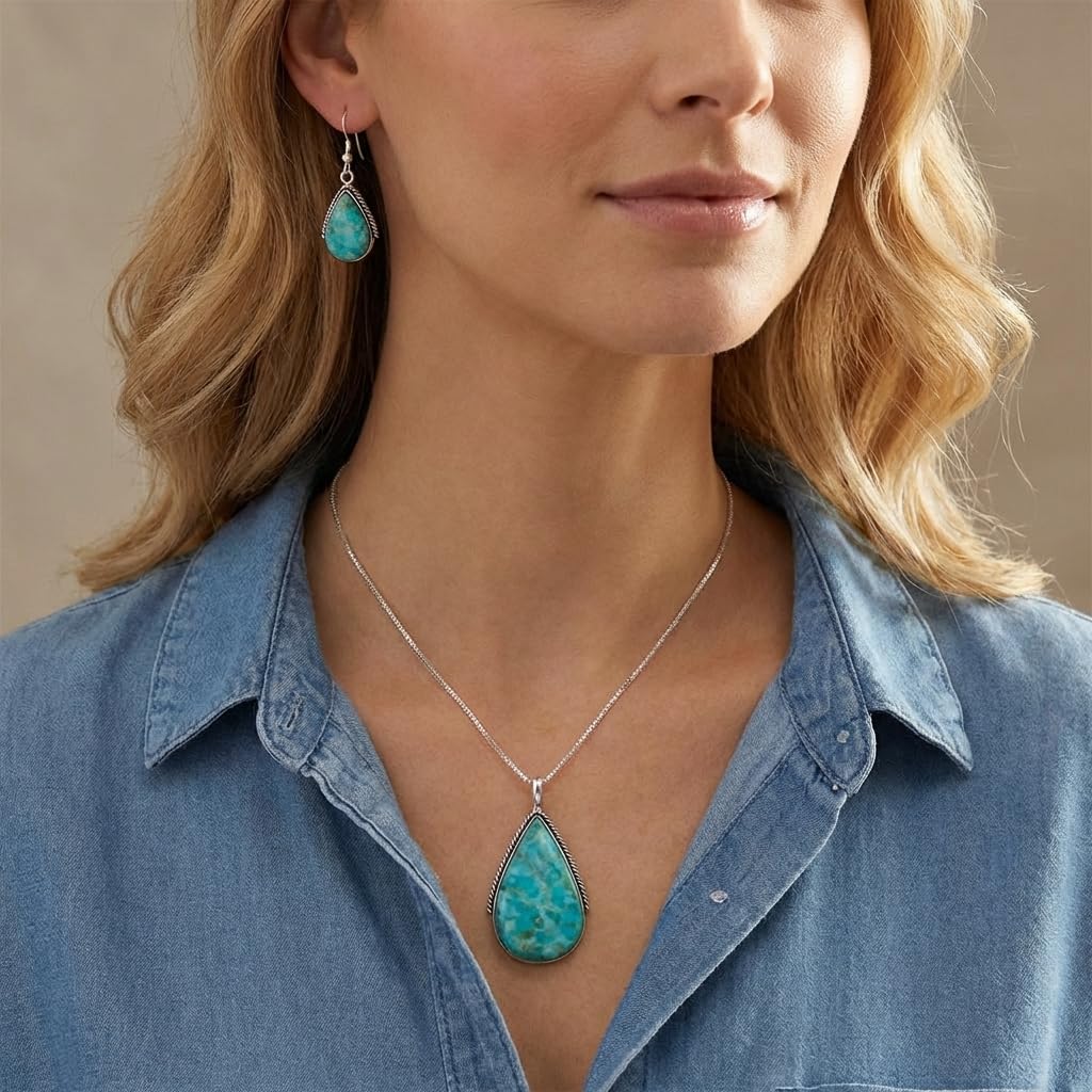 925 Sterling Silver Matching Pendant & Earrings Set with Genuine Gemstones 20" Necklace (Turquoise)