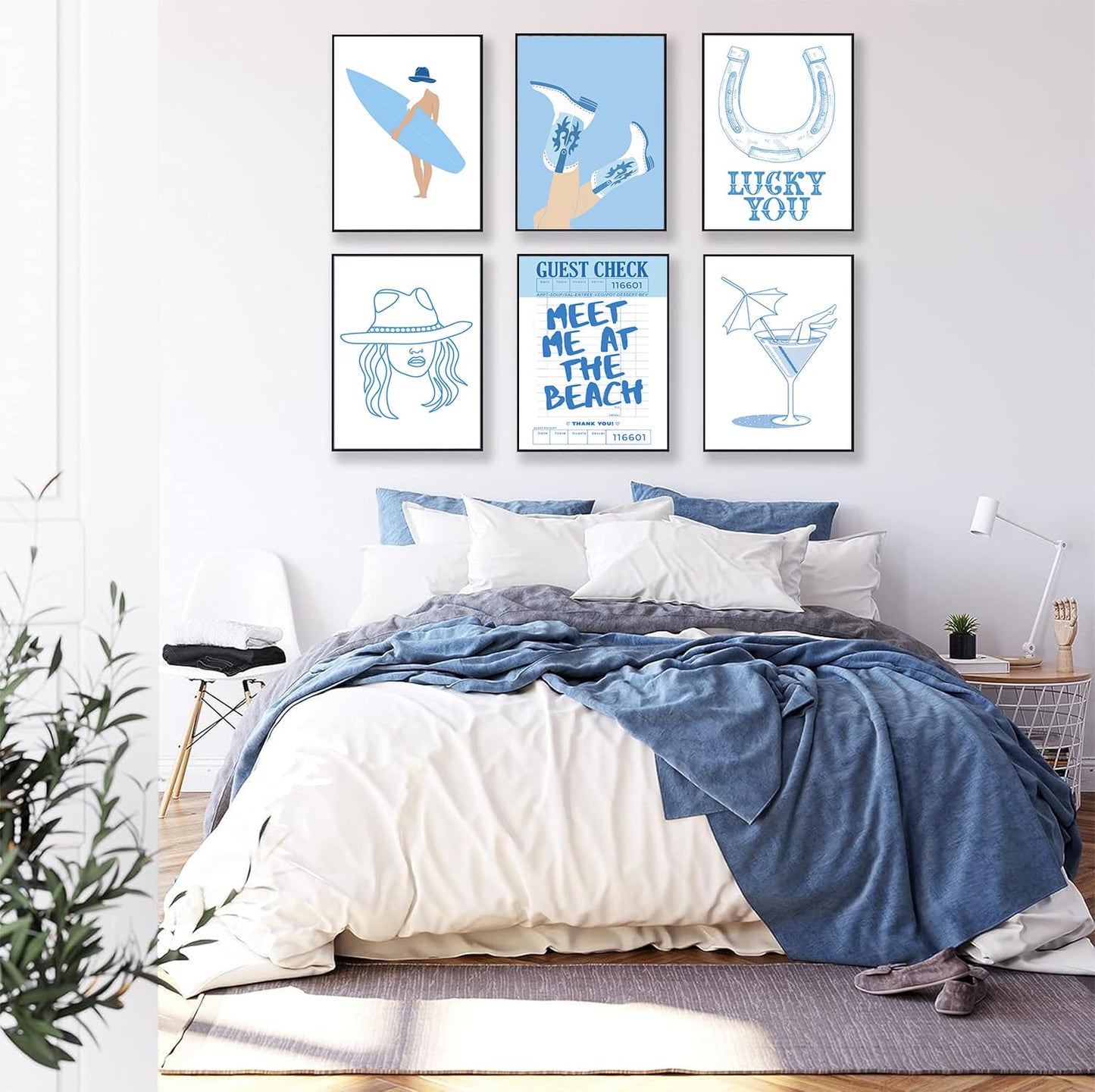 lkjhgf999 6Pcs Coastal Cowgirl Wall Art Surfer Girl Canvas Posters Blue beachy wall decor Cowgirl Room Decor Preppy Aesthetic Pictures Prints for Teen Girl Dorm Apartment Decoration 12x16in