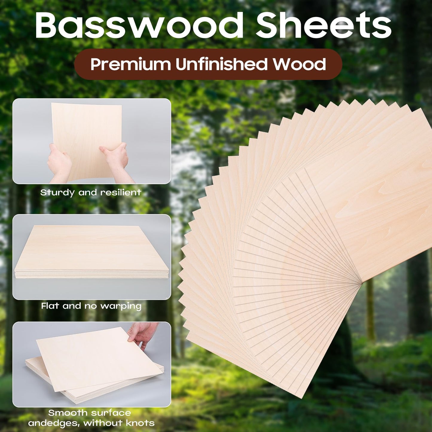 Basswood Plywood Sheets,24 Pack 12 x 12 x 1/8 Inch Unfinished Plywood Sheets for Laser Cutting,Engraving,Wood Burning,Drawing,Family DIY,Studio Crafts & Bulk Holiday