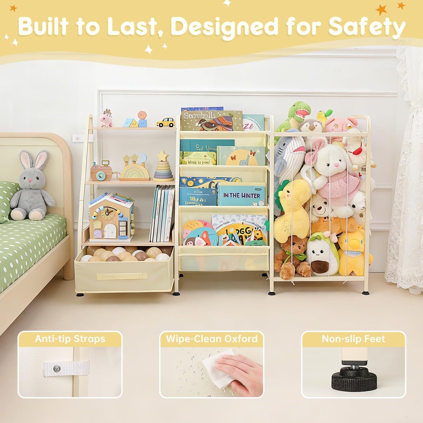 Fabuday Kids Bookshelf and Toy Storage Organizer - 4 Tiers Large Toddler Baby Sling Book Shelves for Kids Room with Stuffed Animal Storage, 3 Tier Montessori Childrens Bookcase for Nursery, Playroom