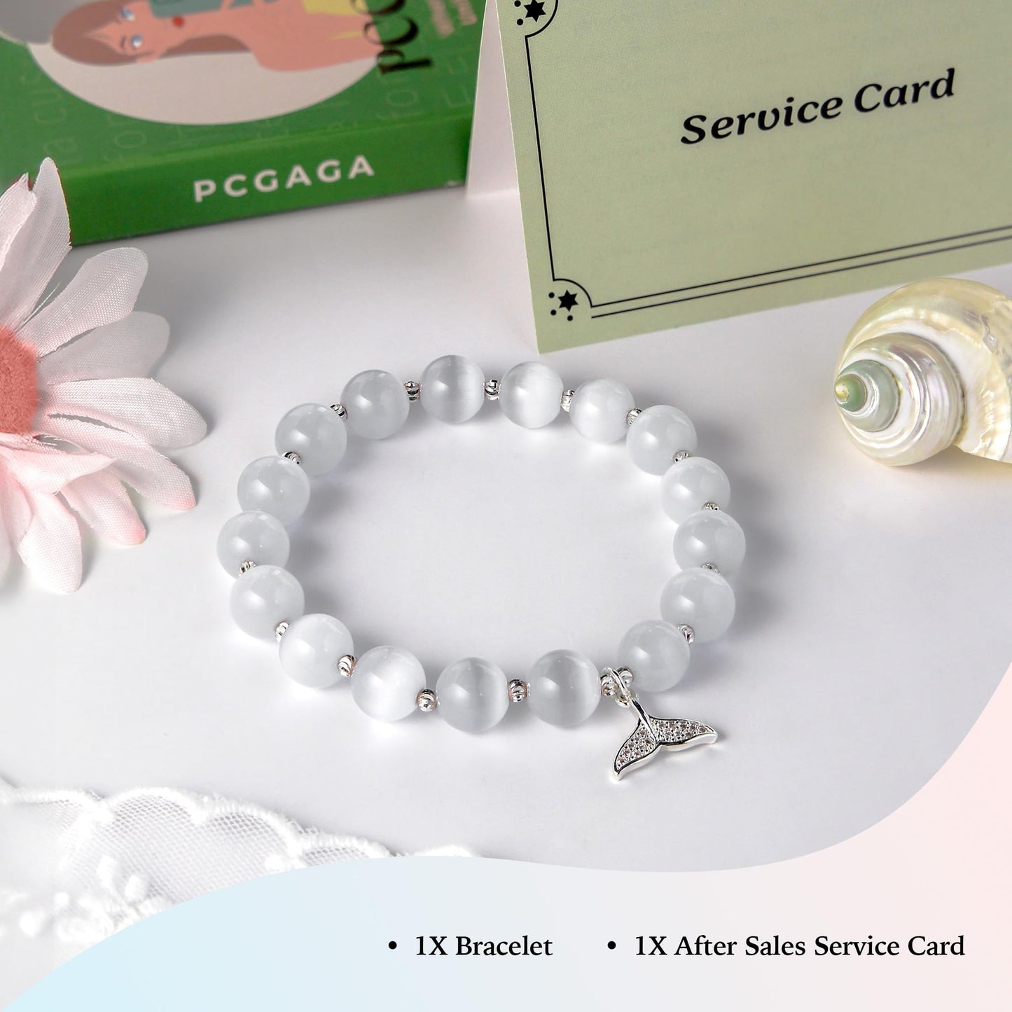 pcgaga Natural Crystal Stretch Bracelet Heart Healing Crystals for Women Friends Beaded Jewellery Bracelet Love Charm Valentines Gift for Her (Fishtail White)