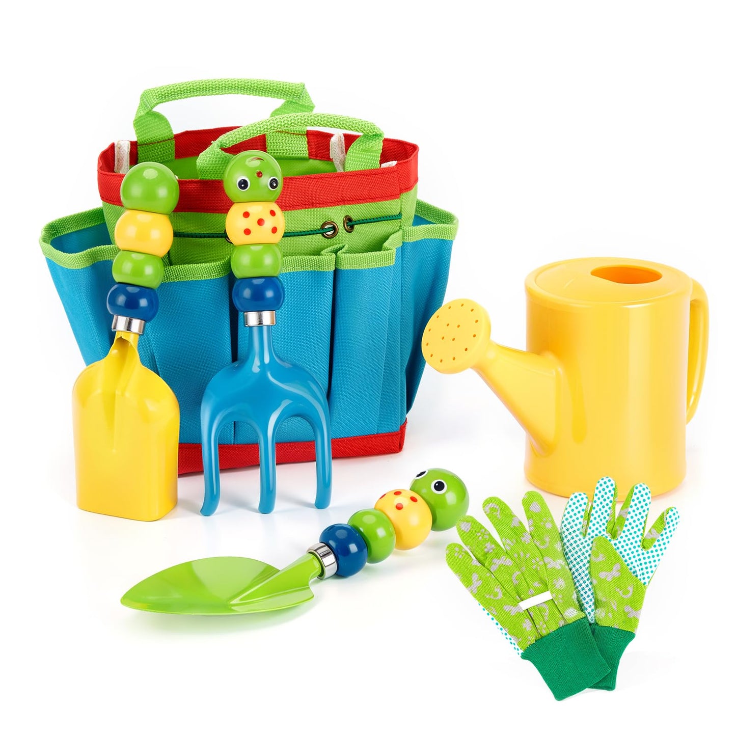 FITNATE Green Kids Garden Tools Set,6 PCS Gardening Tools for Kids Including Watering Can, Shovel, Rake, Fork, Children Gardening Gloves and Garden Tote Bag, All in One Set
