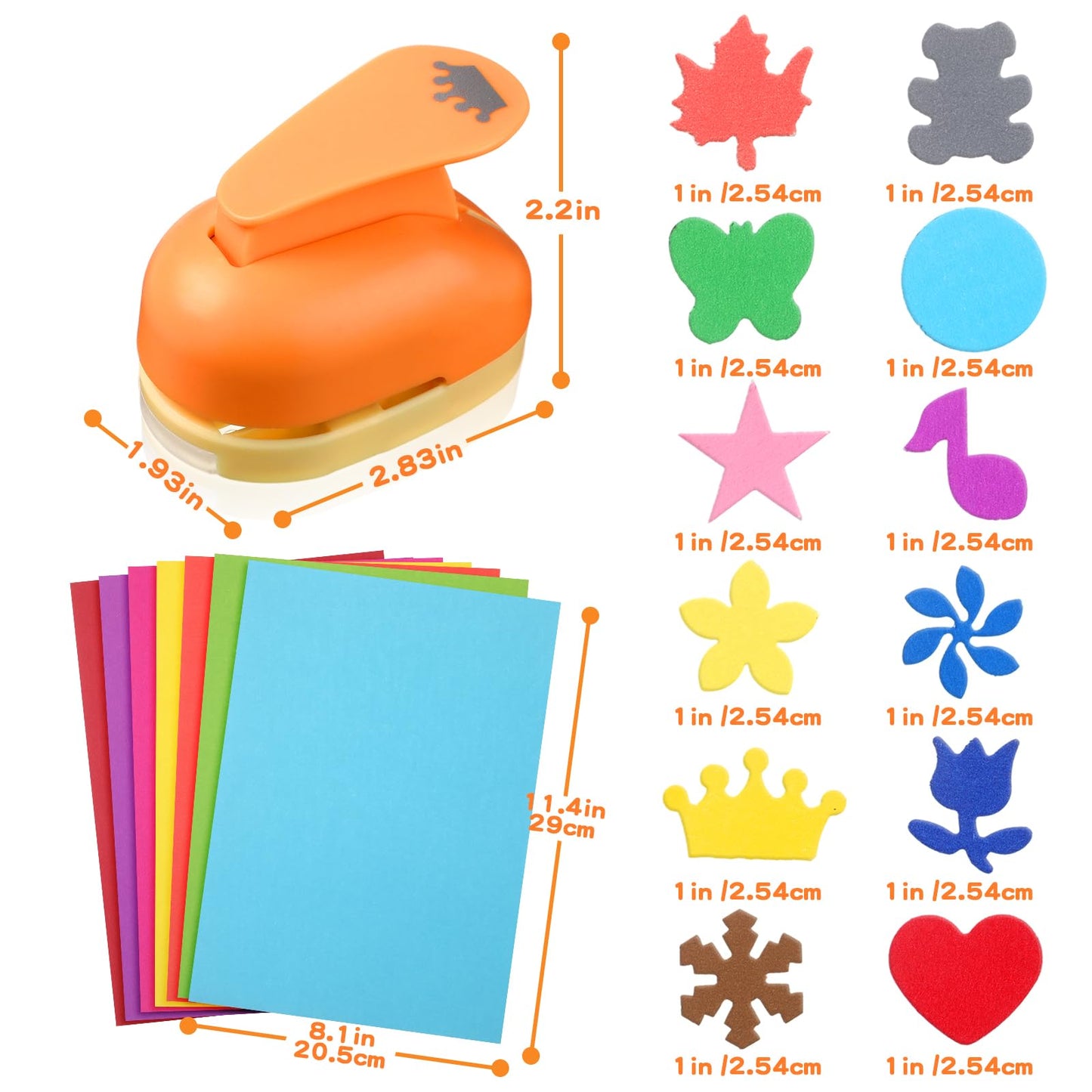 Motipuns 12 Pcs Craft Holes Punch Paper Punchers Scrapbook Punches with Craft Sticker Paper, Round, Maple Leaf, Star, Heart, Bear, Snowflake, Flower, Butterfly Shape, 1 Inch, 12 Shapes