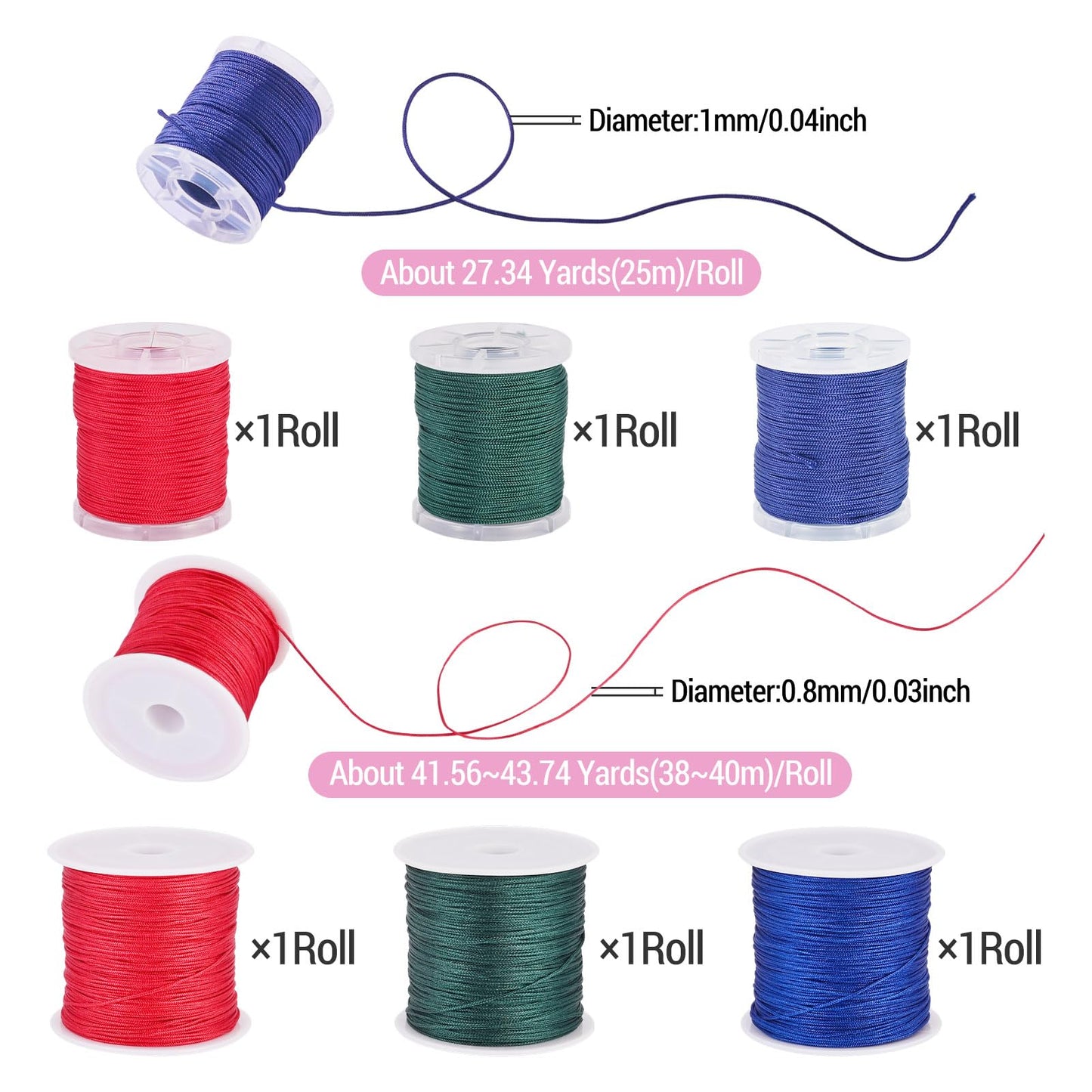 Craftora 6 Rolls 0.8 1mm Nylon Beading Twine for Frienship Bracelets,Red Blue Green Chinese Knotting Cord Kumihimo Macrame Thread for DIY Wind Chime Necklace Jewelry Making Craft