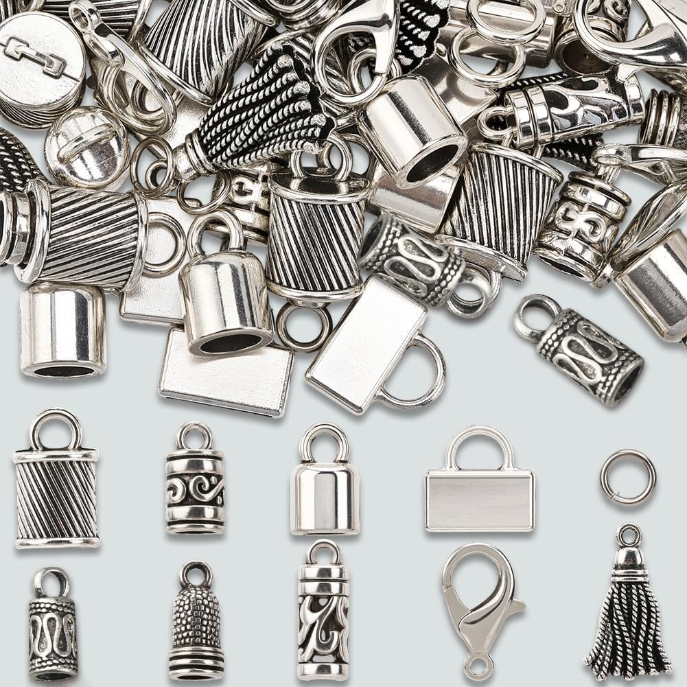 SUNNYCLUE 1 Box 230pcs Tassel End Caps Kumihimo Cord End Caps Alloy Metal Antique Silver Glue in Crimp String Leather Cords Tassel Ends Tips Supplies for Jewelry Making Kit Kumihimo Supplies Crafts