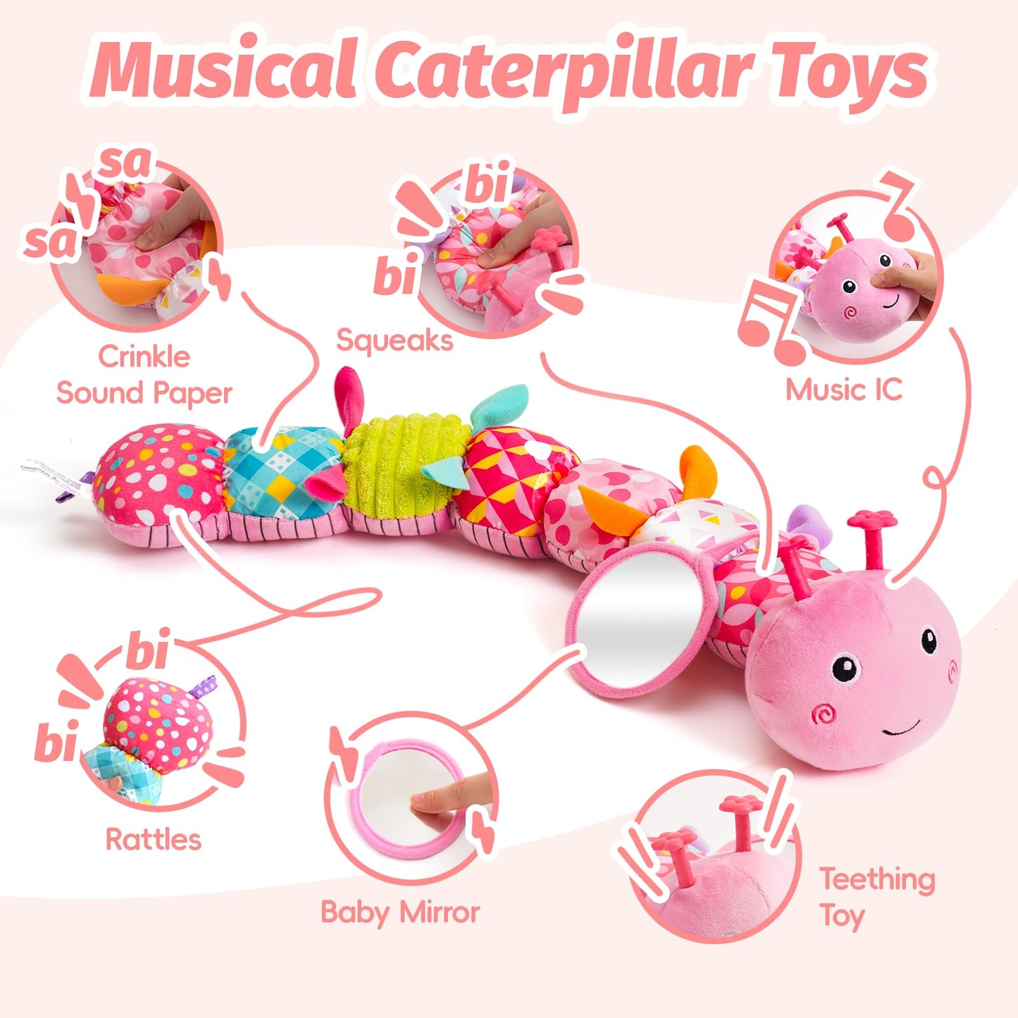 Baby Toys 0-6 Months, Musical Caterpillar Plush Toy with Rattles,Crinkle Sound, Mirror, Newborn Sensory Toys for Infants Developmental Stuffed Animal with Tummy Time for Boys Girls 6-12 Month (Pink)