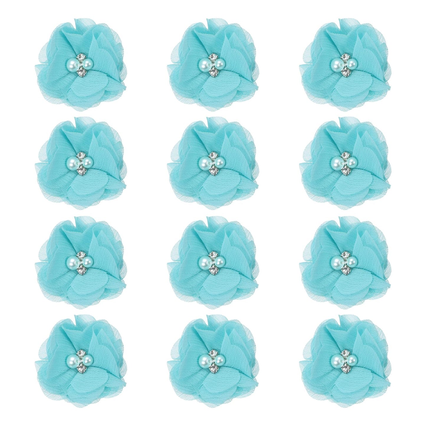PATIKIL 2 Inch Chiffon Flowers, 12 Pcs Rhinestone Pearl Sewing Fabric Flowers Artificial Appliques Embellishments for Clothing Wedding DIY Craft Headbands Decor, Teal