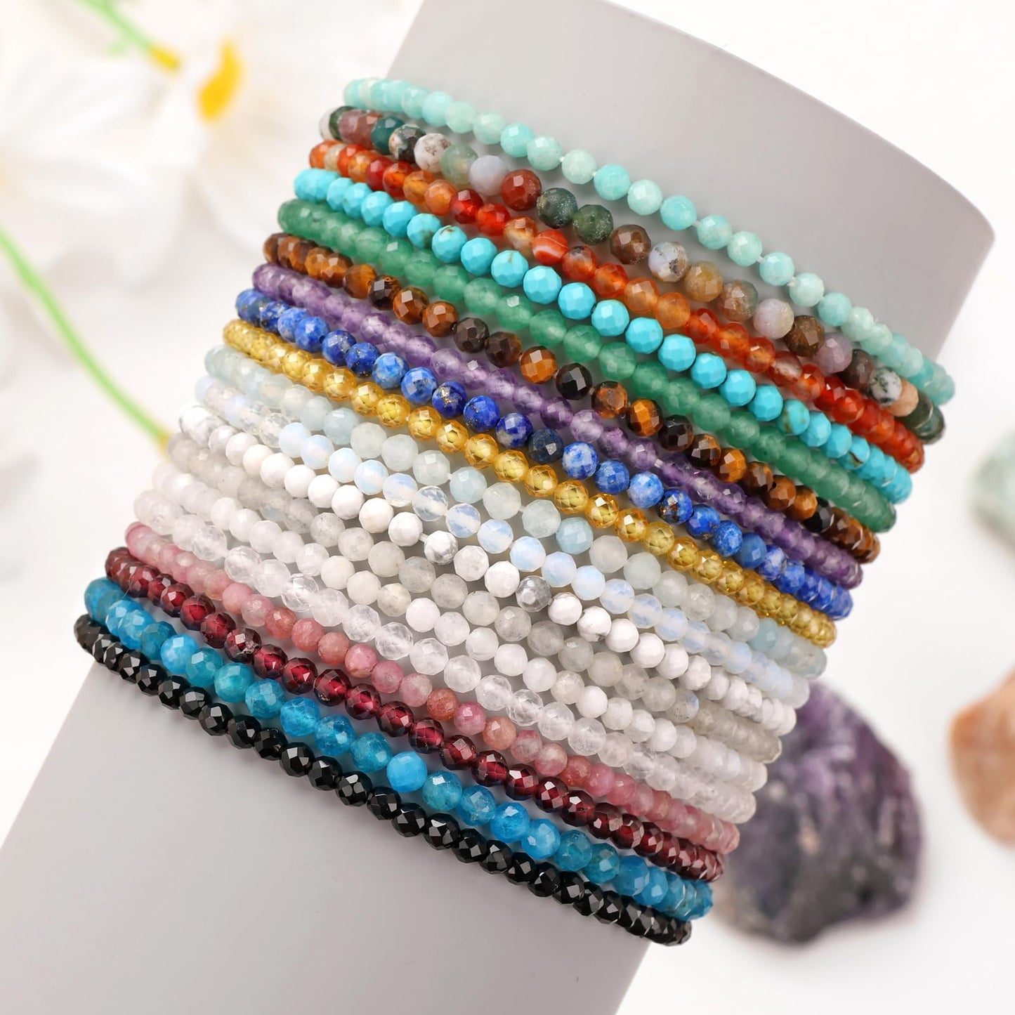 Bolinailo Healing Crystal Bracelet Opal Faceted Beaded Bracelets for Women Men 3mm Natural Stone Adjustable Handmade Stretch Bracelet Reiki Spiritual Jewelry Fashion Gifts