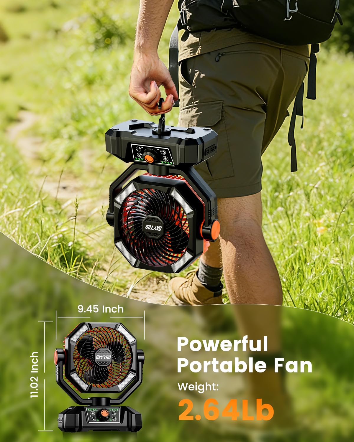 Skytoo Camping Fan, 20000mAh Battery Powered Fan with LED Lantern, Rechargeable Battery Operated Oscillating with Remote Hook, 8 Speeds Outdoor Fans for Teny, Picnic, Fishing, Travel, Jobsite Black
