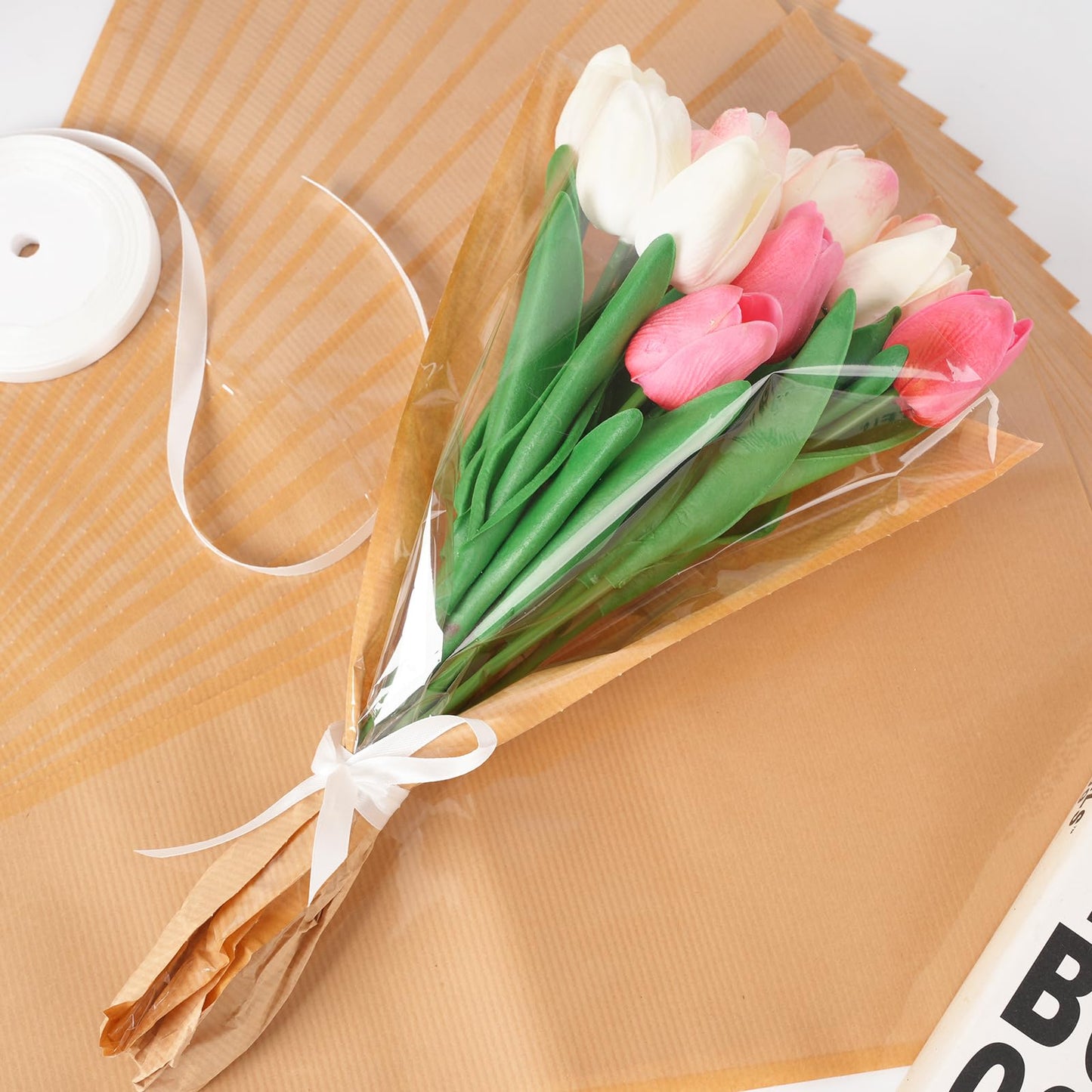 Kosotody 50Pcs Flower Bags for Bouquets,Flower Packing Kraft Paper Sleeves with Ribbons for Florist Supplies Wedding BirthdayMother's Day, 9.8x3.9x17.9 Inches