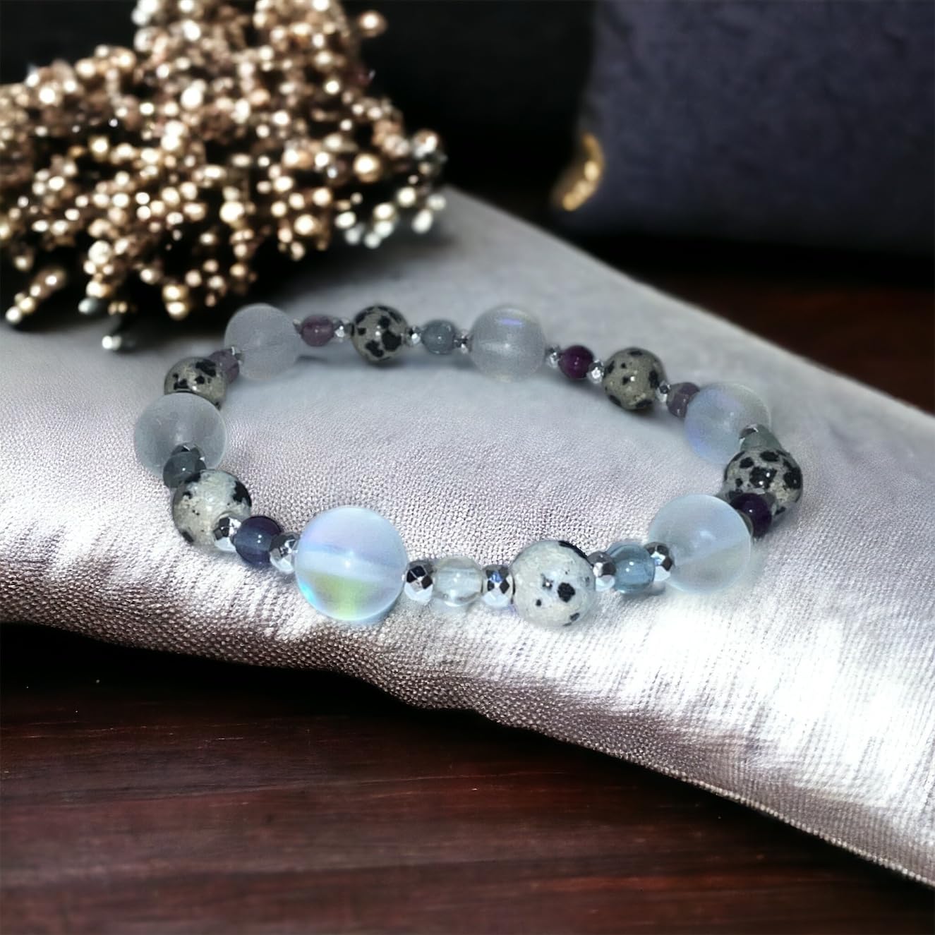 “BUBBLES BRACELET” (Mermaid Moonstone Crystal Glass & Fluorite) Natural Gemstone Healing Bracelet - [7 inches]