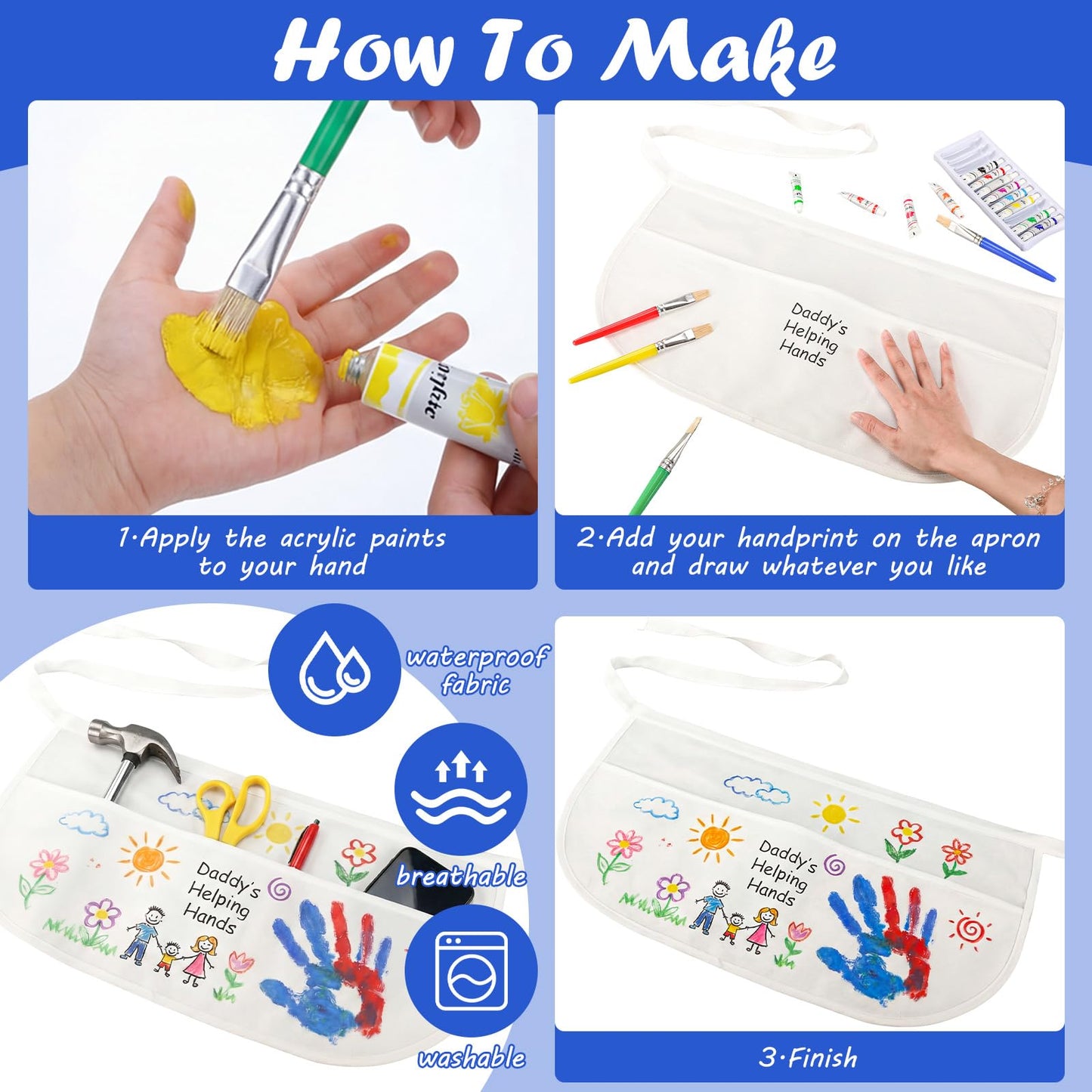 Cotwinter 10 Set Father's Day Handprint Kit DIY Waist Half Apron with Acrylic Paints and Brushes Fathers Day Personalized Handprint Gifts Family Sign Keepsake for Grandpa Daddy Papa Birthday Gifts