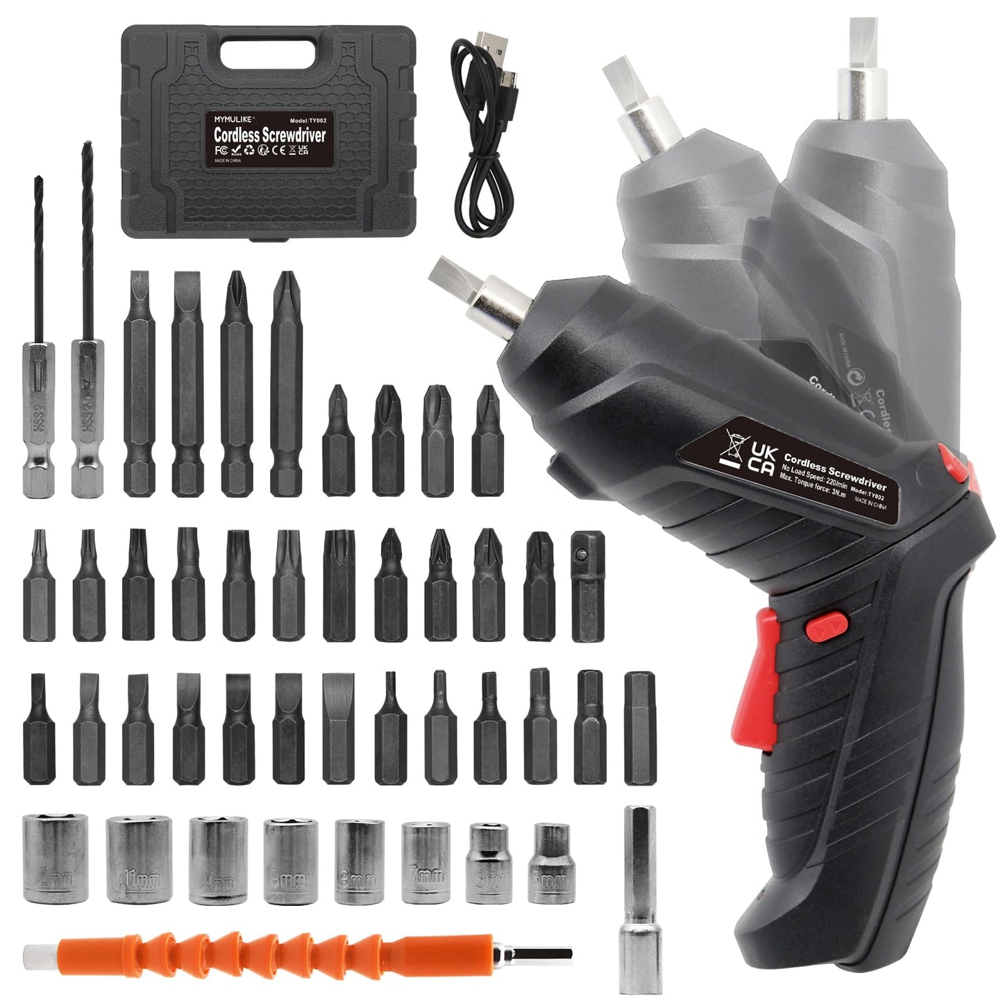 MYMULIKE Cordless Electric Screwdriver, 3.6V Rechargeable Power Screwdriver with 47pcs Accessories, usb Charging, 3Nm Screw Gun, Mini Screwdriver set with LED Light Electric Power Drill Set