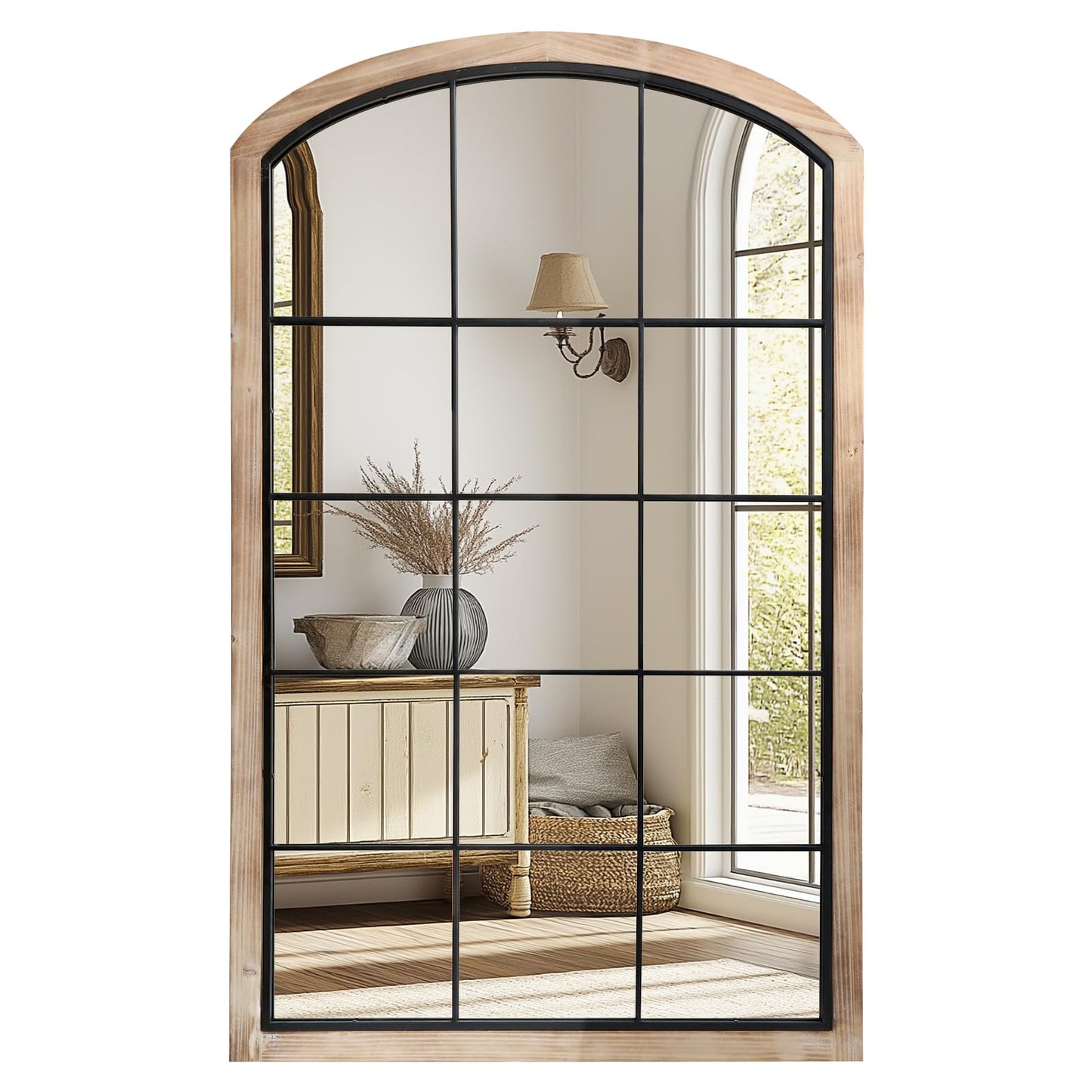 IPOUF Arch Window Mirror, 30X48 Farmhouse Arch Wall Mirror, Wood Framed Rustic Mirror Metal Inner Frame Decorative for Entryway & Living Room,Natural