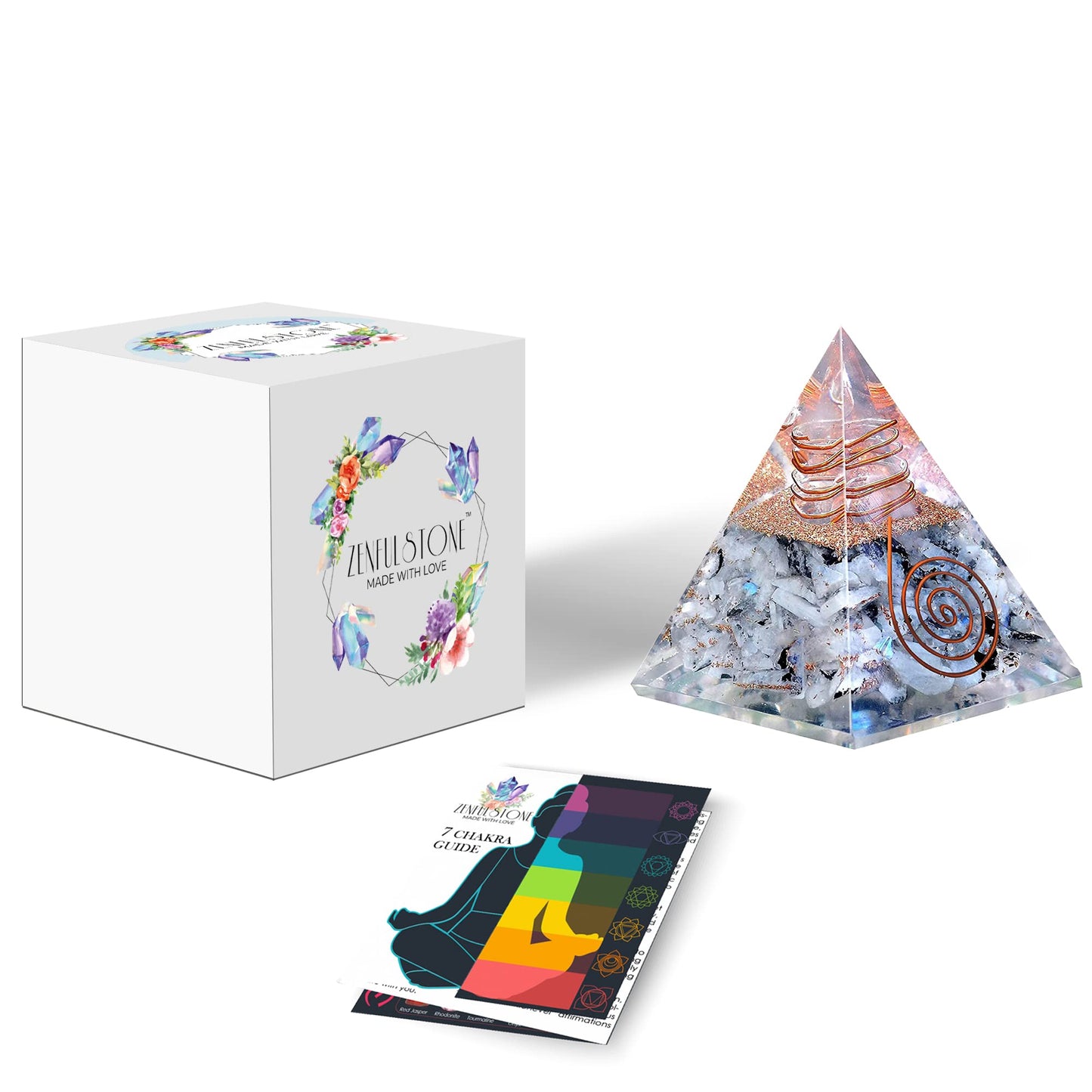 Rainbow Moonstone Orgonite Pyramid for Joy, Intuition and Spiritual Awareness | Orgonite Orgone Crystal pyramid with Copper Coil and Crystal Quartz for Chakra Protection (Rainbow Moonstone)