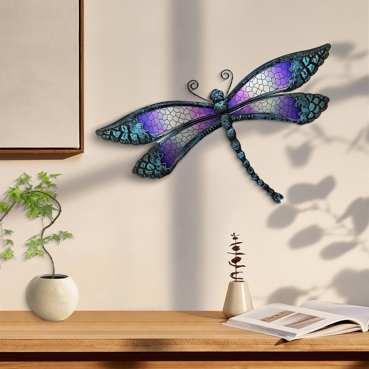 POXOHO Metal Dragonfly Wall Decor - Outdoor Wall Decor Garden Dragonfly Decor for Patio - Dragonfly Metal Wall Art for Living Room, Bedroom, Dragonfly Gifts(15 inch, Metal&Glass)