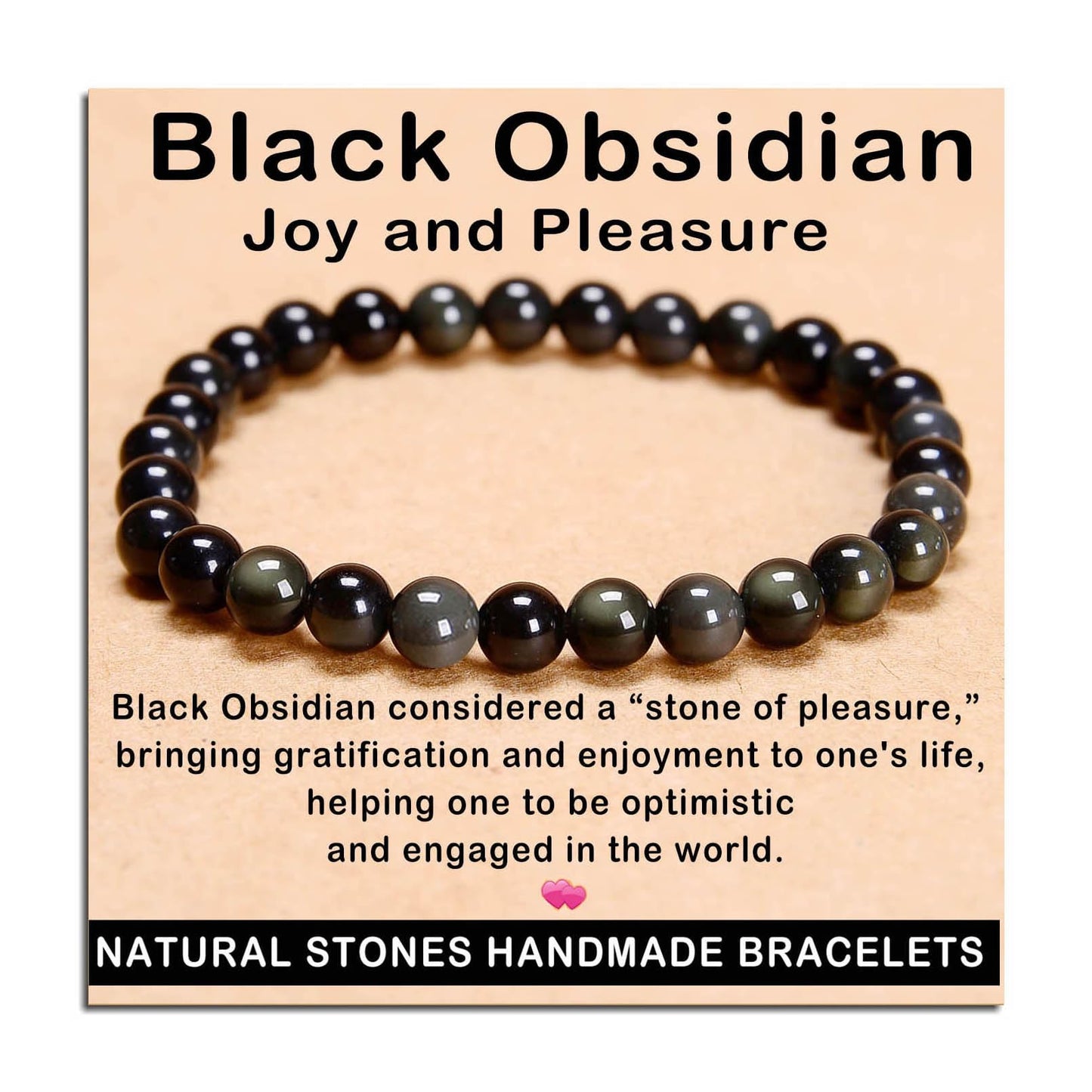 AD Beads Handmade Gemstone Stretch Elastic Bracelet Crystal Healing Reiki Nature's Beauty and Spiritual Essence Unisex (6mm, Black Obsidian (Pleasure))
