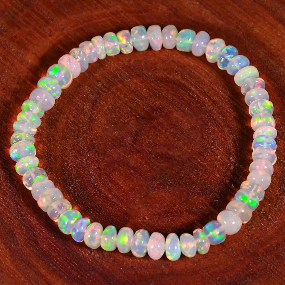 GEMS OF BAY Natural Ethiopian Opal Bracelet, Stretchable Bracelet, Welo Fire, Smooth Bracelet, Jewelry, Beads Bracelet, (7 inch)