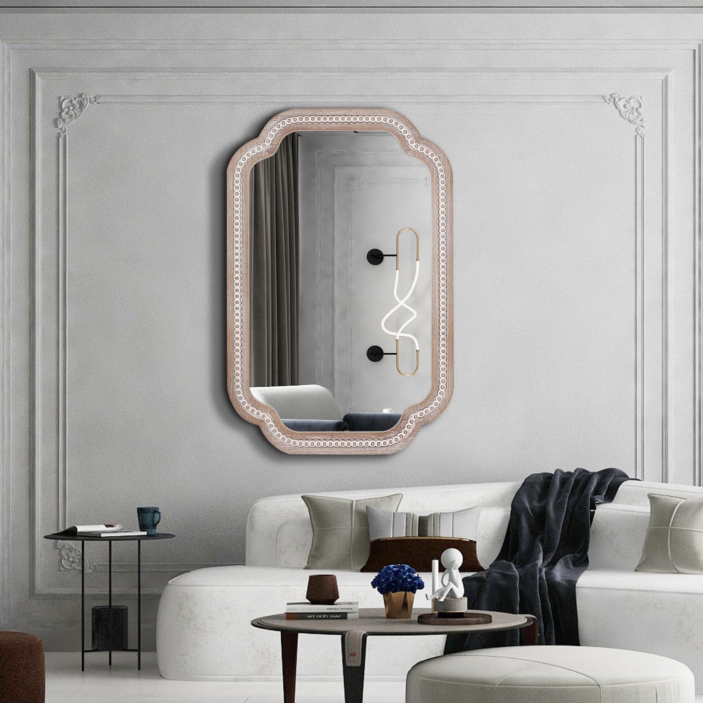 36x24 Inch Boho Wooden Scalloped Mirror for Entryway, Rustic Farmhouse Decorative Mirrors for Bathroom Over Sink, Living Room, Bedroom, Hallway (Vertical/Horizontal)