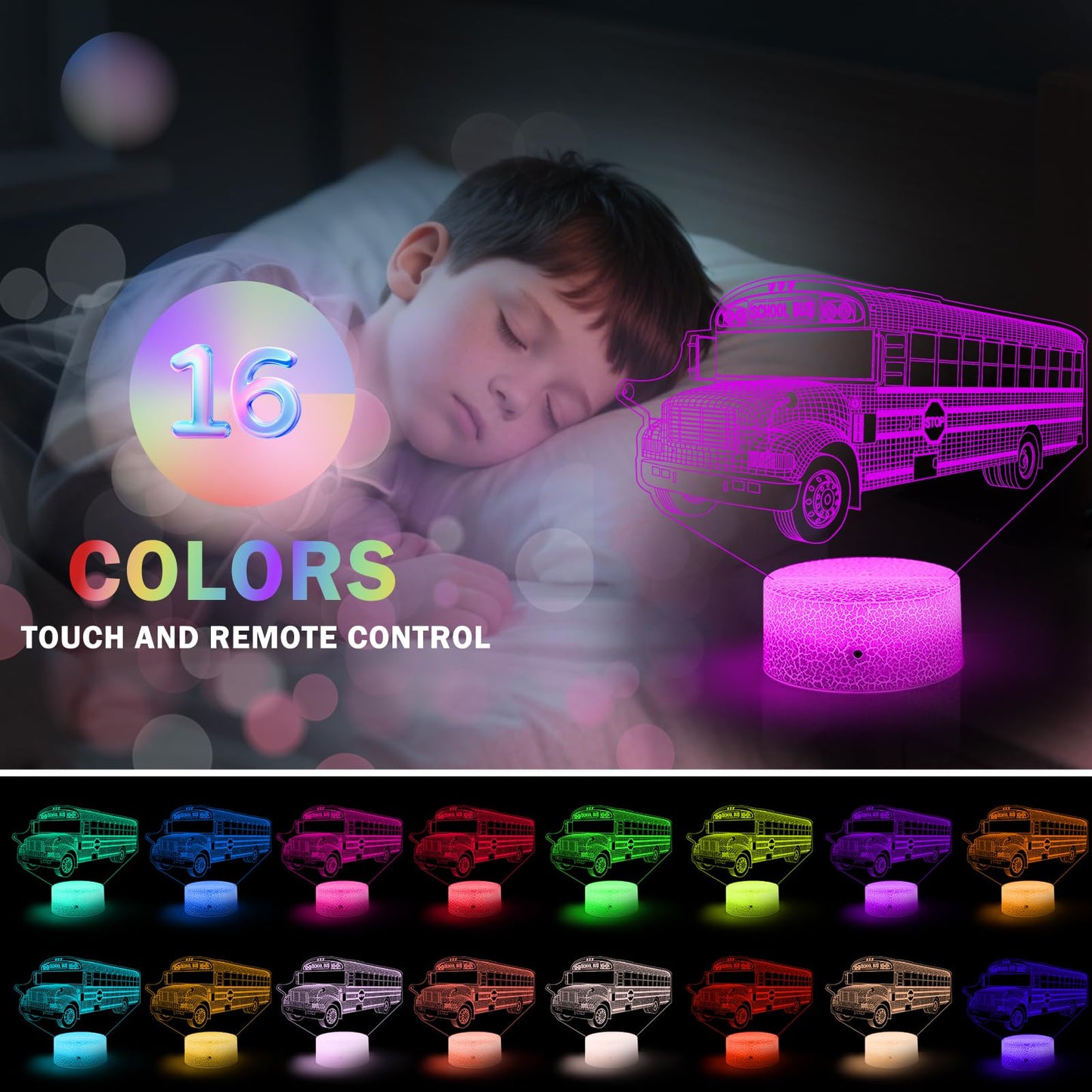 School Bus Night Light Bus Driver Appreciation Gifts Bedside Lamp 3D Illusion Lamp with 16 Colors & Flashing Modes with Remote Control Opreated Dimmable, Boys Girls Room Decoration, Holiday Xmas Gifts