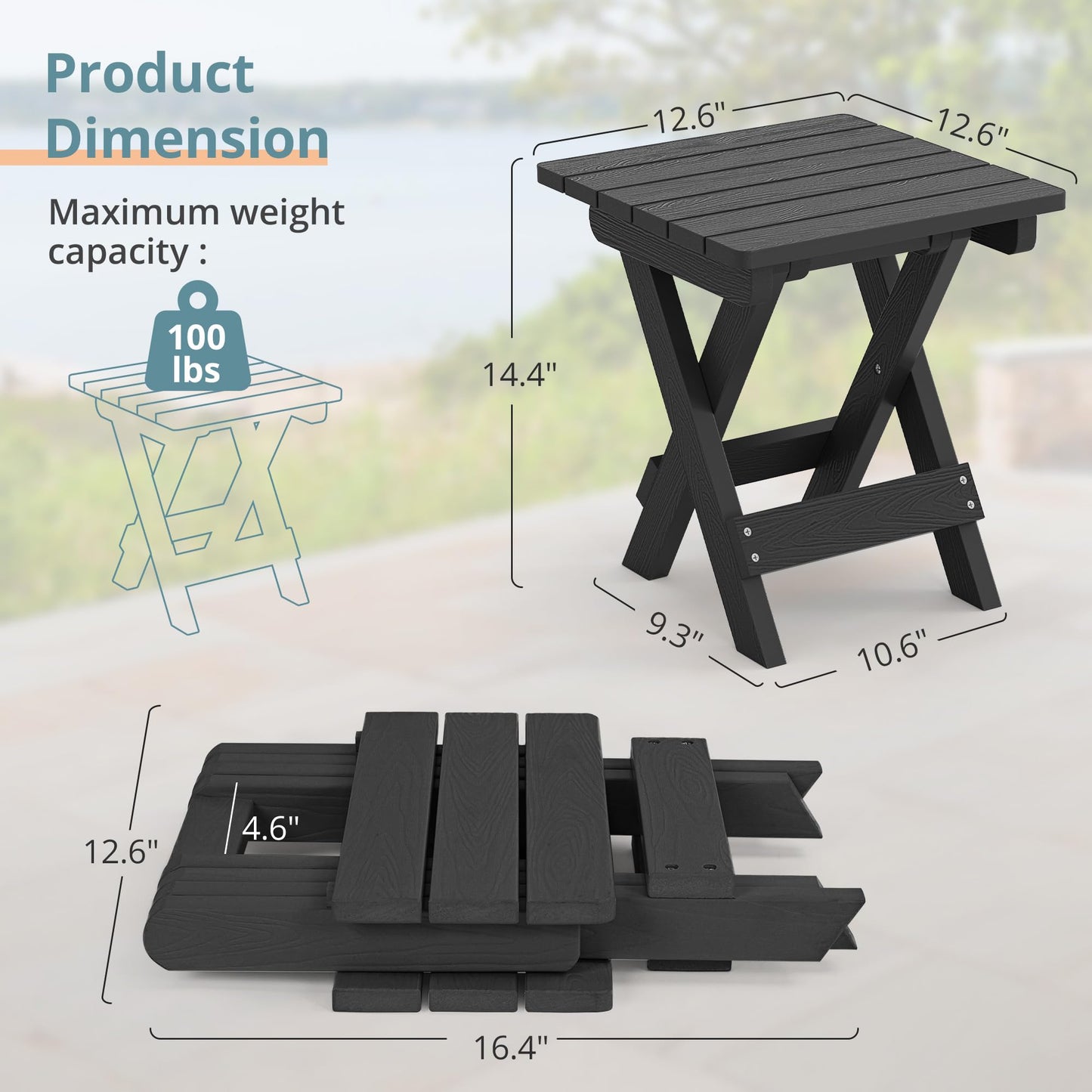 LUE BONA Small Outdoor Folding Side Table, HDPS Outside End Table for Patio, Porch, Deck, Pool, 14 Inch Height, Black
