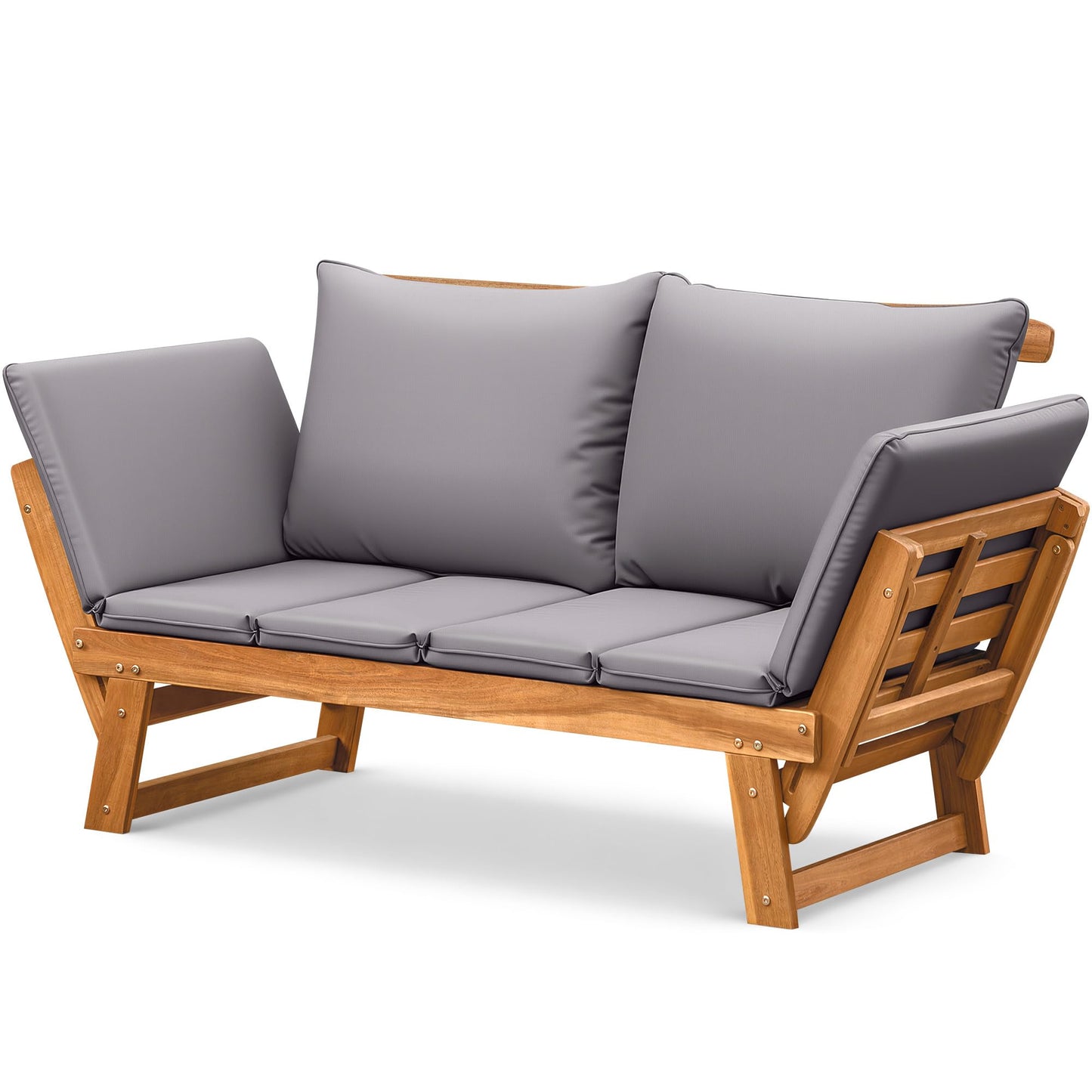 Flamaker Outdoor Couch with Adjustable Armrests, Acacia Wood Patio Loveseat with Soft Cushions, Convertible Patio Furniture for Balcony, Porch, Backyard (Grey)