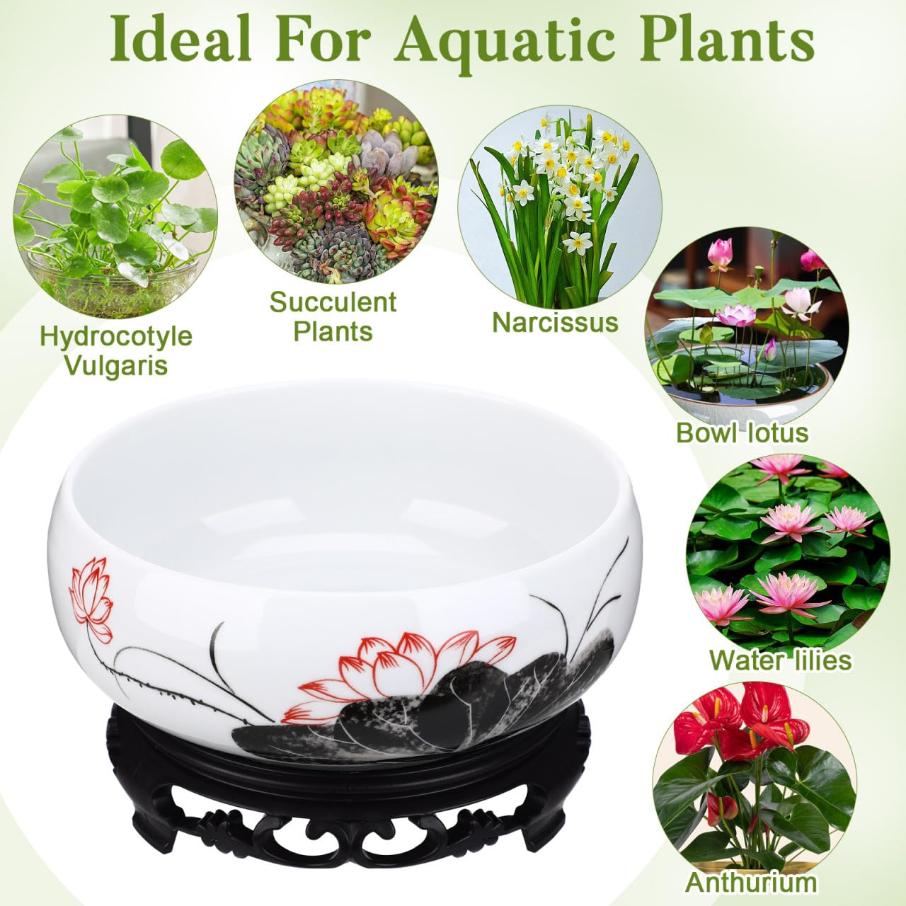 Yardwe Ceramic Hydroponic Planter Pot with Plastic Base, 7.08 Inch Round White Ceramic Lotus Bowl for Indoor Plants, Water Lily, and Home Decoration