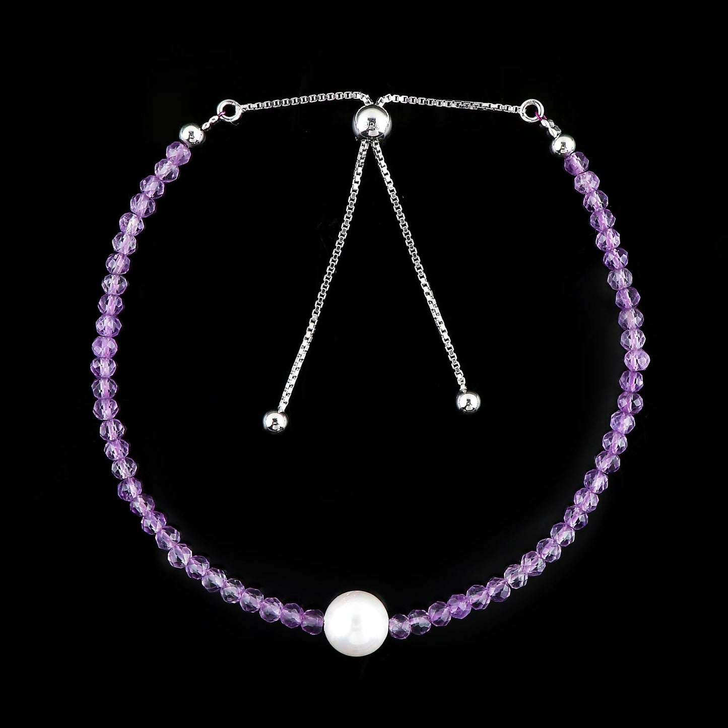 CRYSTALIS Natural Amethyst Beads Slider Bracelet with Elegant Pearl, High Grade Beaded Crystals, Chakra Healing Gemstone, Gift Giving Women Jewelry, 925 Sterling Silver Slider 10 inch