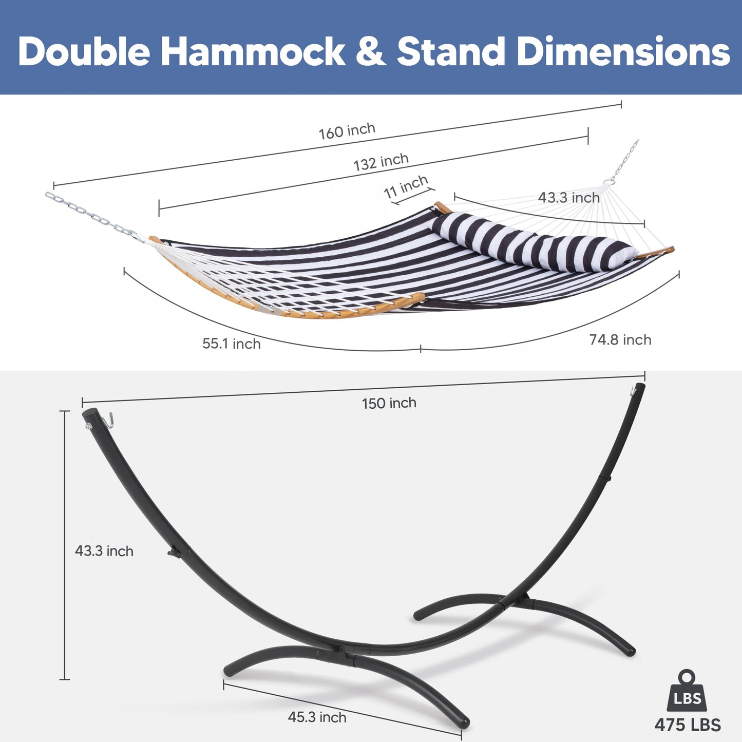 SUNCREAT Hammocks for Outside with Stand, Porch Hammock and Stand, 475 lbs Capacity, Patent Pending, Black & White