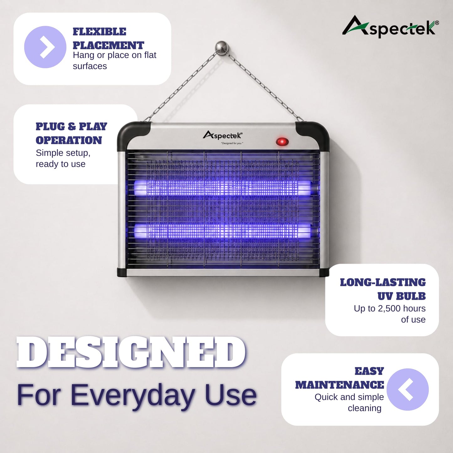 ASPECTEK Electric Bug Zapper, 20W UV Bulbs with 2800V Grid for Fly, Mosquito, Gnat and Moth Control, Indoor and Covered Outdoor Use for Home, Garage, Patio and Farm, Includes 2 Replacement Bulbs
