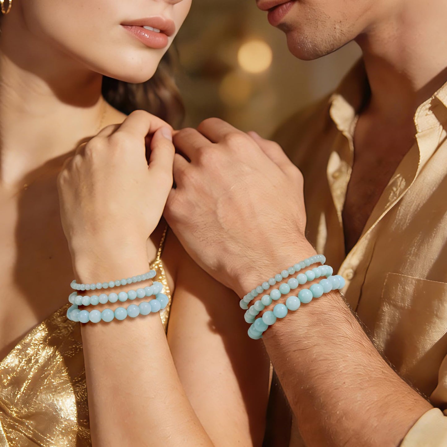 Risyfjew 8MM Handmade Aquamarine Natural Gemstone Stretch Elastic Bracelet,PE Film Anti-oxidation Packaging Natural Stone Crystal Healing Power Energy Gifts for Adult
