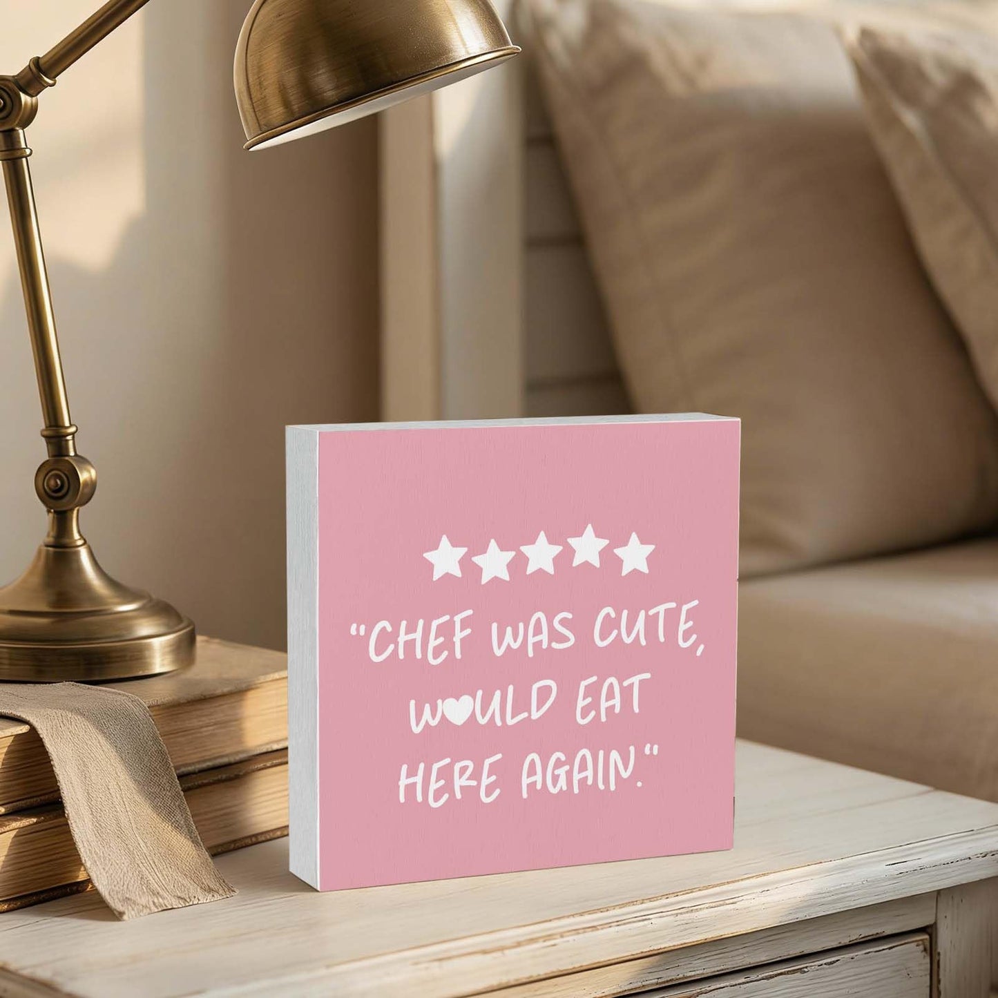 GWOKPAAI Pink Kitchen Accessories Wooden Box Signs Desk Decor, Chef Gifts for Women,Chef Was Cute Would Eat Here Again Wooden Signs Desk Decorations for Kitchen Dining Room Tabletop Shelf Wall,5x5in