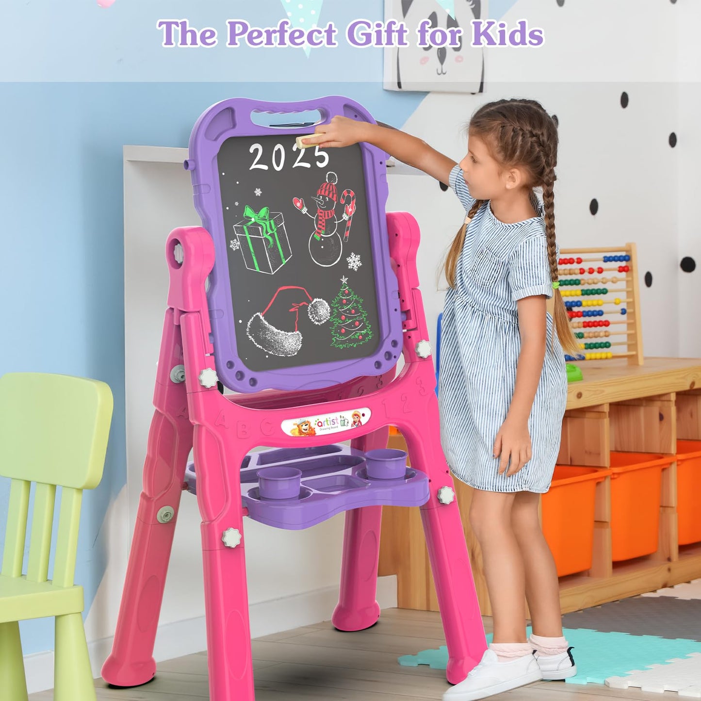 PUPPSITTY Art Easel for Kids - Adjustable Standing Rotatable Double Sided Toddler Easel with Painting Accessories, Birthday Christmas Gift for Little Boys and Girls, Drawing Board Gift for Toddlers