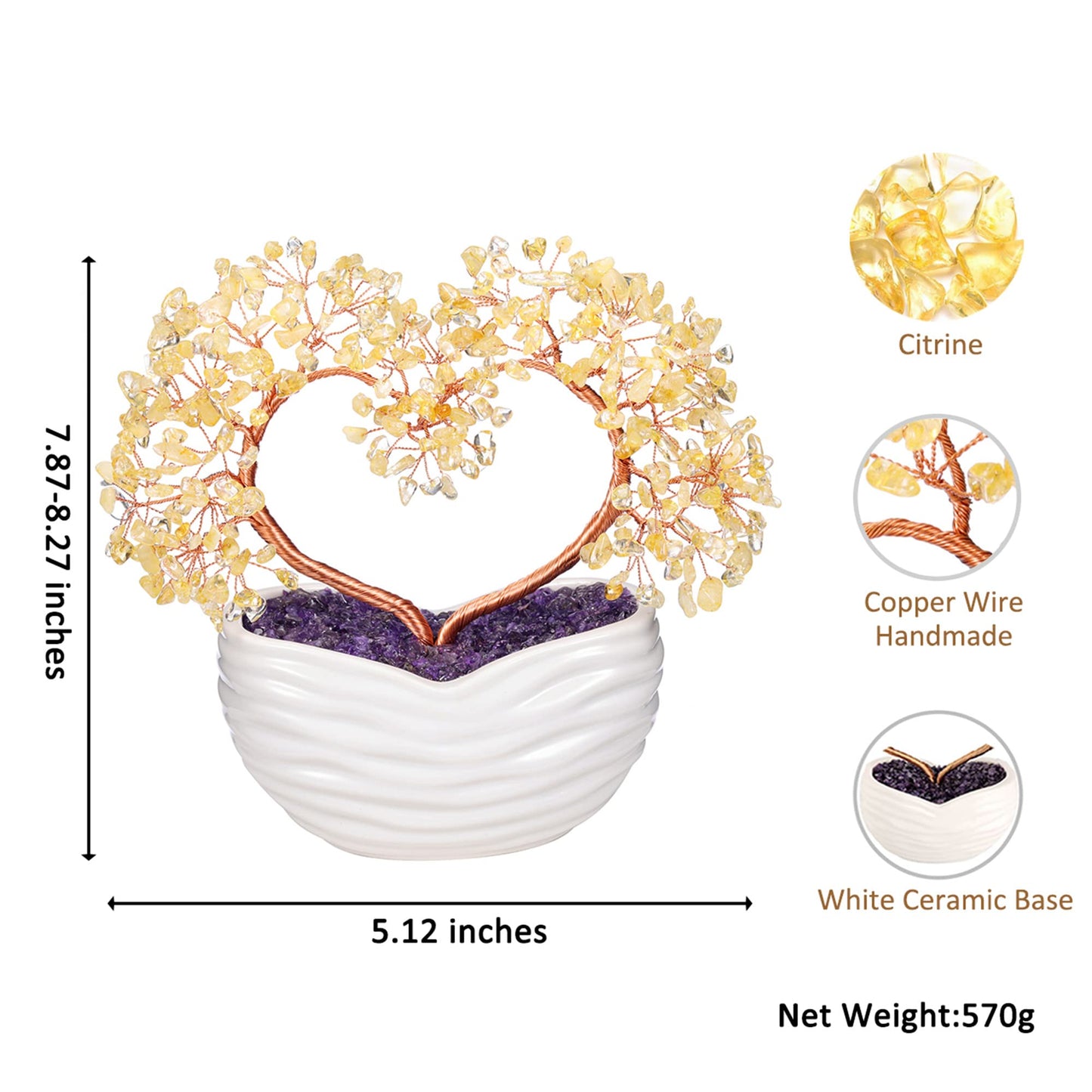 GEHECRST Citrine Crystal Heart Tree Handmade Healing Crystal Gemstone Money Trees Stone Bonsai Tree Energy Feng Shui Ornament for Home Office Desk Decor Crystals Gift for Mom Mothers Day Women
