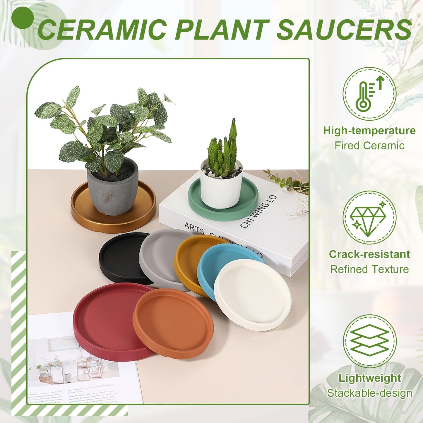 YELARXI 6.7 Inch Ceramic Plant Saucers, Round Flower Planter Water Trays Ceramic Plant Saucer Pot Tray -Fitting for (Outdoor/Indoors/Garden/Planting/Water/Flower/Coffee) Green Blue