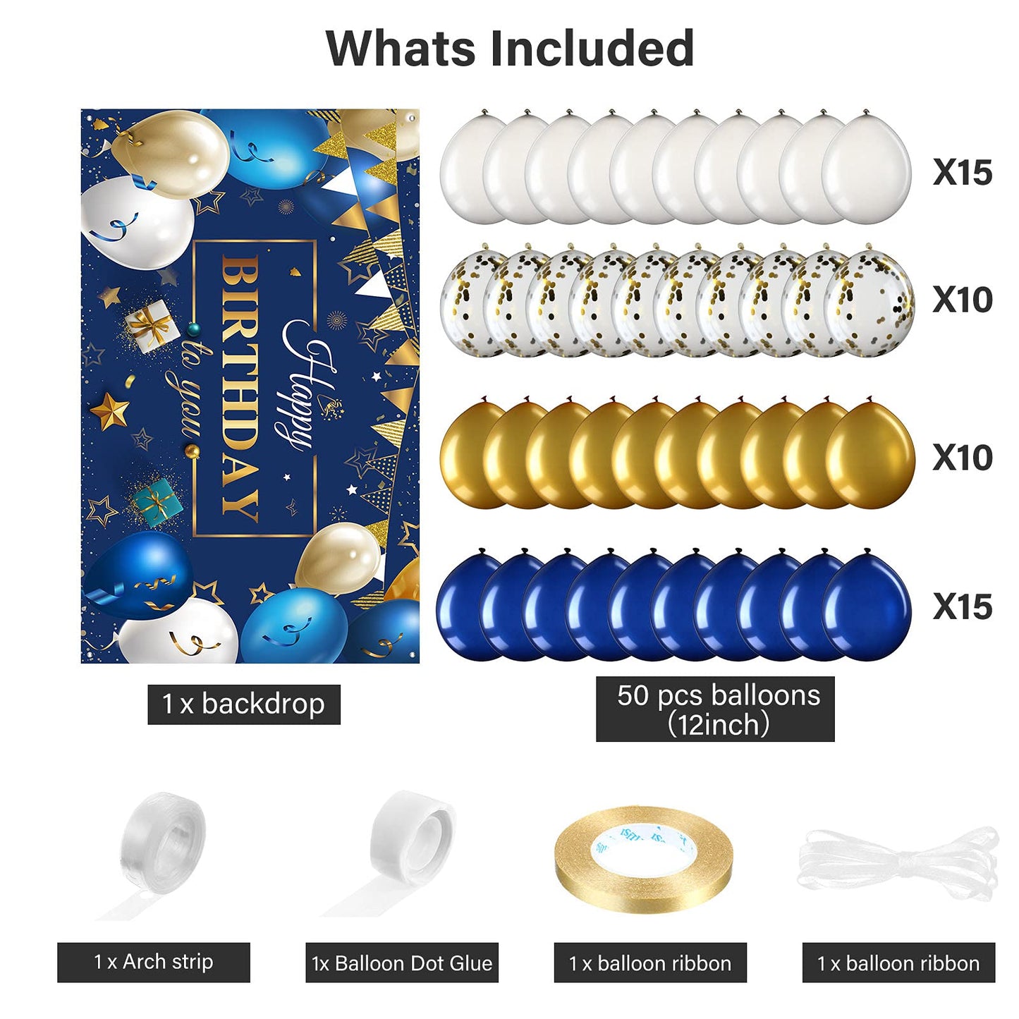 Tatuo Navy Blue Birthday Confetti Balloons Kit Set Photography Backdrop Banner Package for Boys Girls Men Women Birthday Party Decorations Supplies(Navy Blue and Gold)