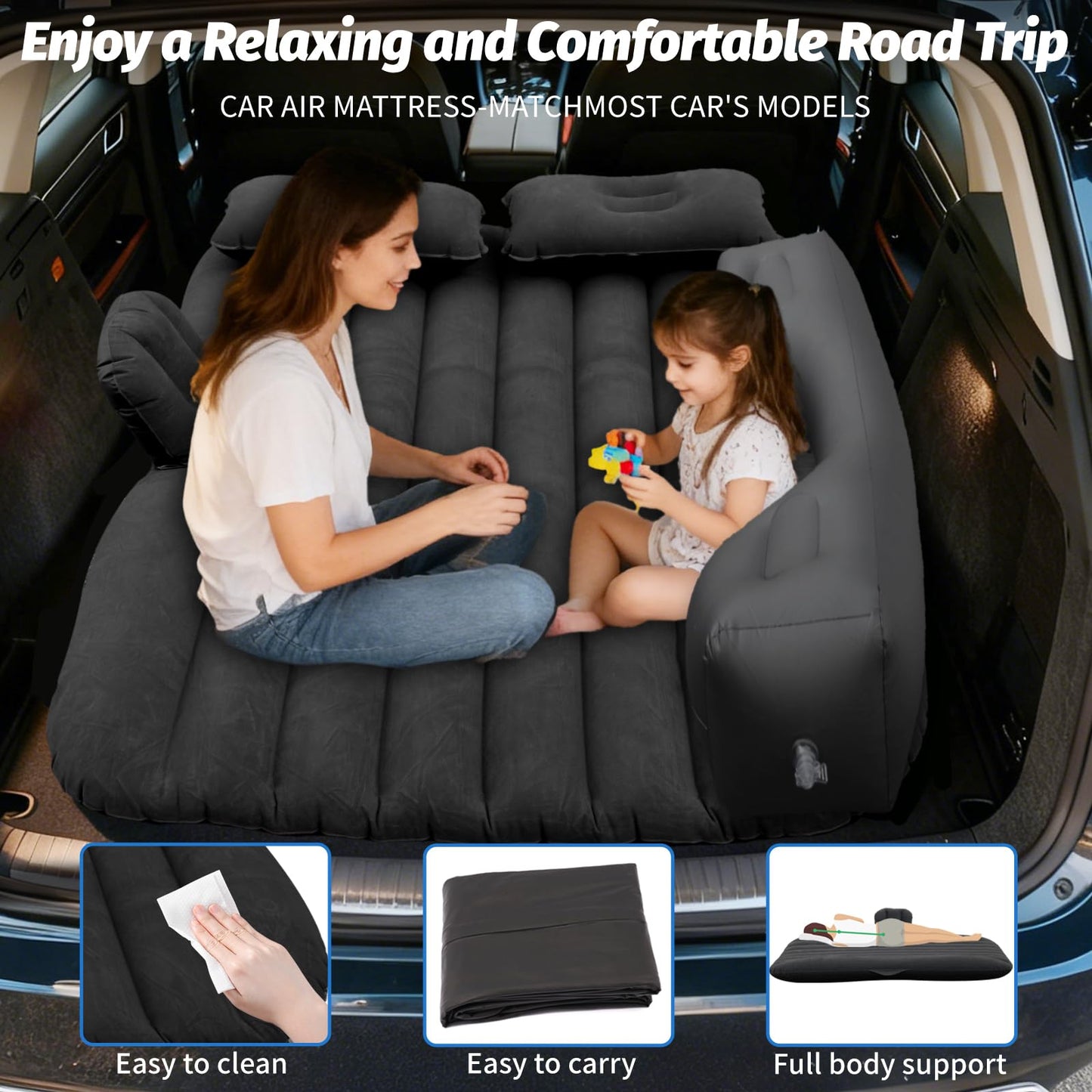 Onirii Inflatable Car Air Mattress Back Seat Bed with Air Pump,55" (L) x 35" (W) Portable Thickened Car Travel Camping Sleeping Air Mattress Blow Up Bed for Mid-Size,Full-Size Car SUV