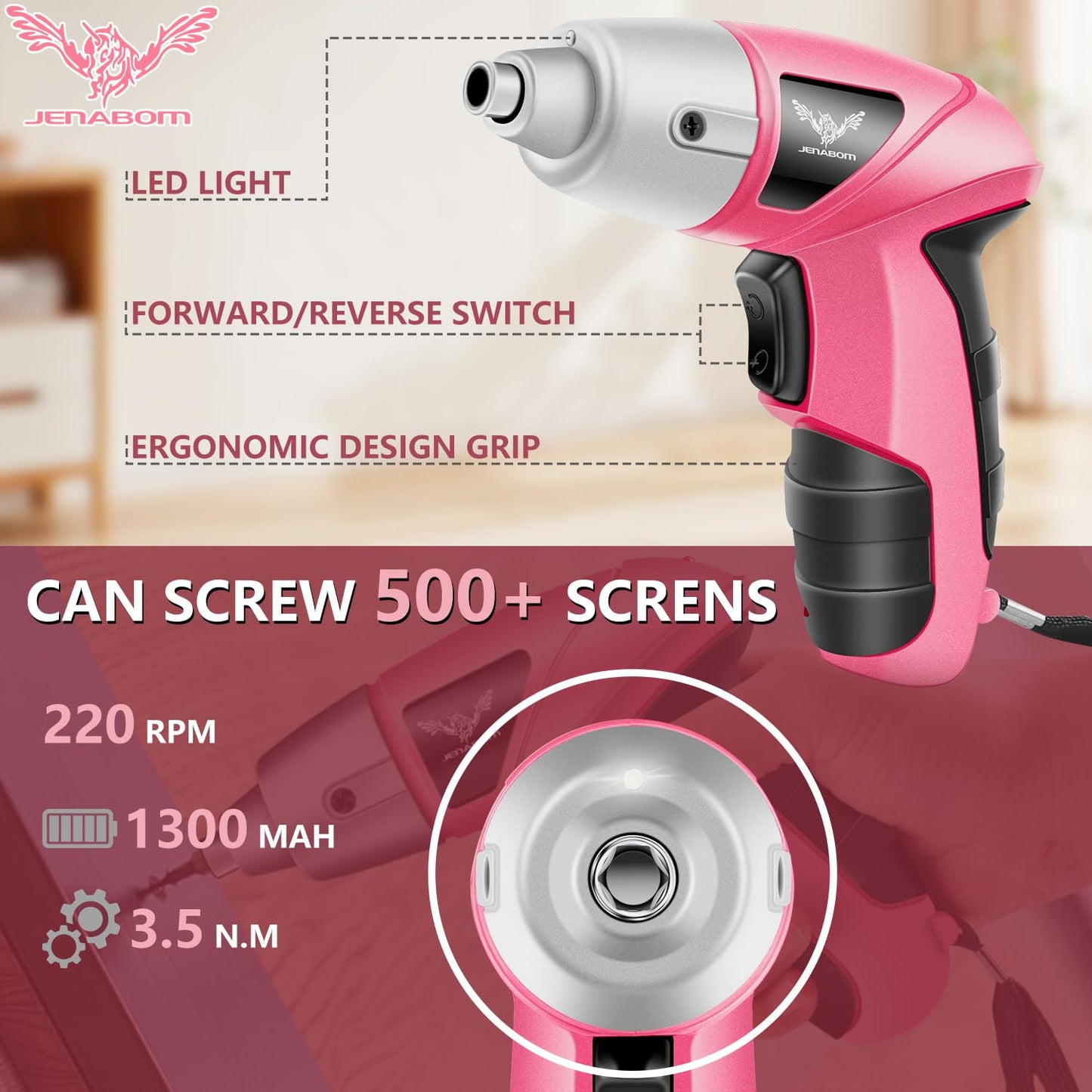 Electric Screwdriver 3.7V Pink USB Small Power Screwdriver Set. Cordless & Rechargeable with Driver Bit Set