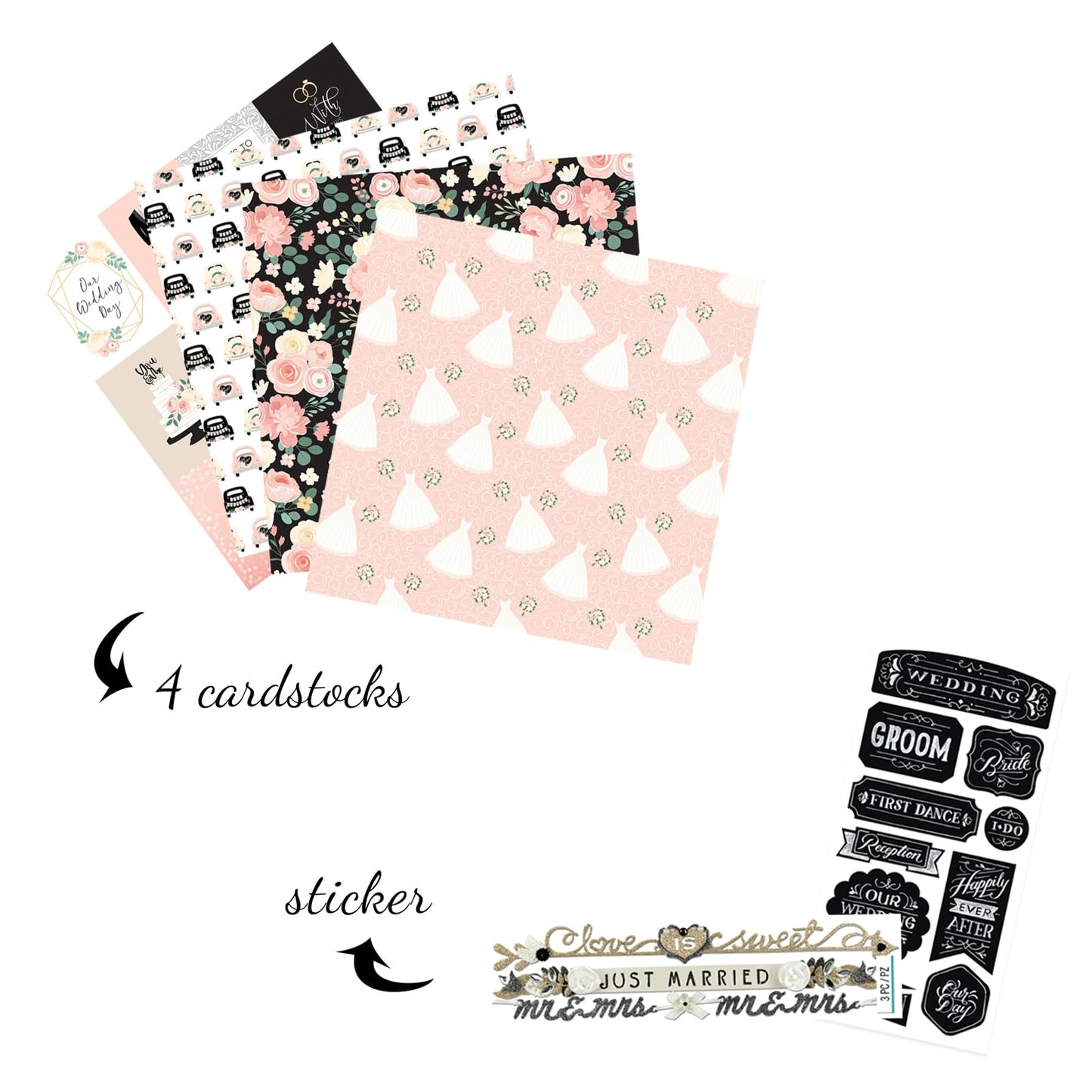Wedding Scrapbook Paper 12x12 Inch Cardstock - Double Sided Wedding Theme Paper, Stickers for Scrapbooking, Planner, Anniversary Album, Photo Book - Cute Crafting Kit, Total 6 Items