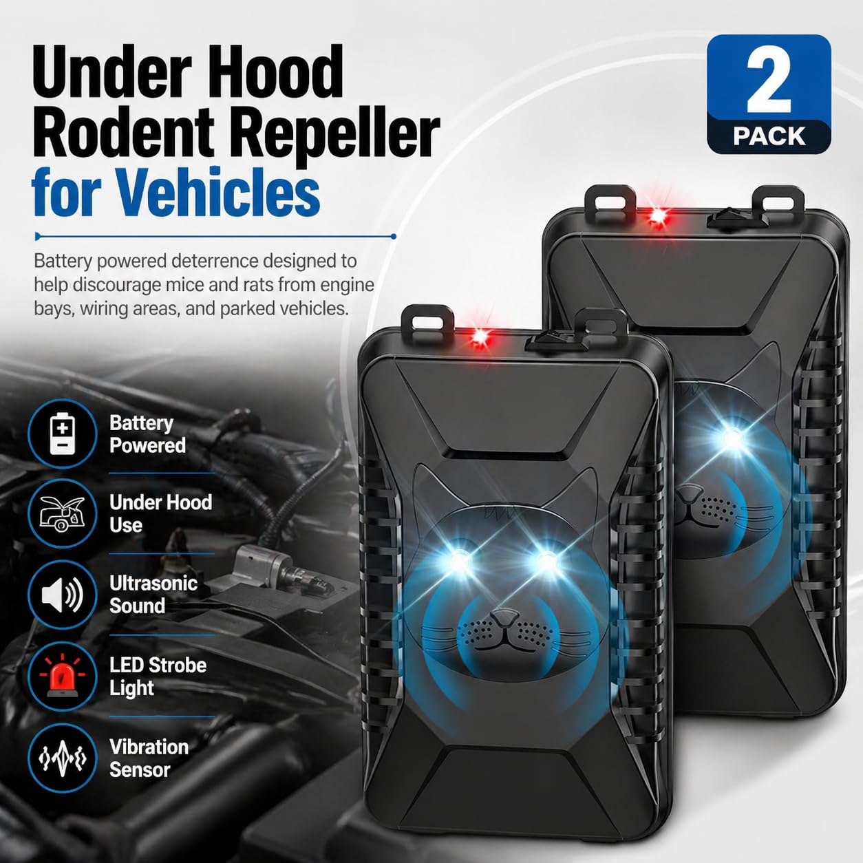 Rodent Repellent for Car Engine, Battery Powered Under Hood Ultrasonic Mouse Repellent with LED Strobe Light & Vibration Sensor, Protects Vehicle Wiring for Cars, Trucks, SUVs, RVs, Garage Use