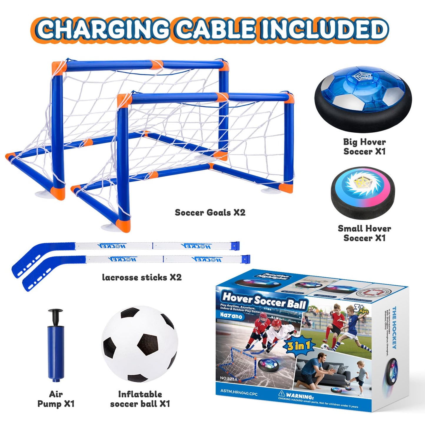 Nazano 3-in-1 Hover Soccer Ball, Kids Toddler Hockey Set with LED Lights,Indoor Outdoor Toys for Kids, Soccer Gift for Boys 6-8 8-12, Birthday,Kids, Boys Girls Age 6, 7, 8, 9, 10, 11, 12