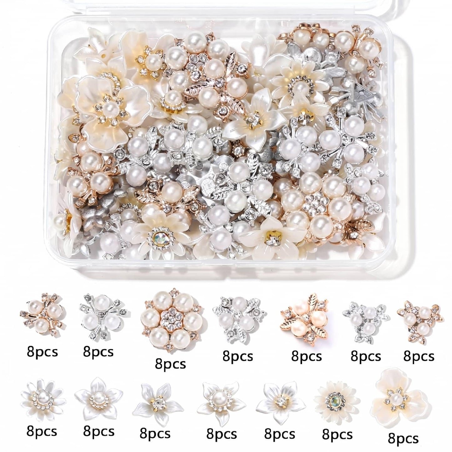 PIPITREE 112PCS Rhinestone Buttons, Acrylic Faux Pearl Buttons, Flat Back Flower Embellishments for Crafts, Jewelry Making, DIY Wedding, Decoration, Clothes, Bags, Shoes, Christmas, Thanksgiving Gifts