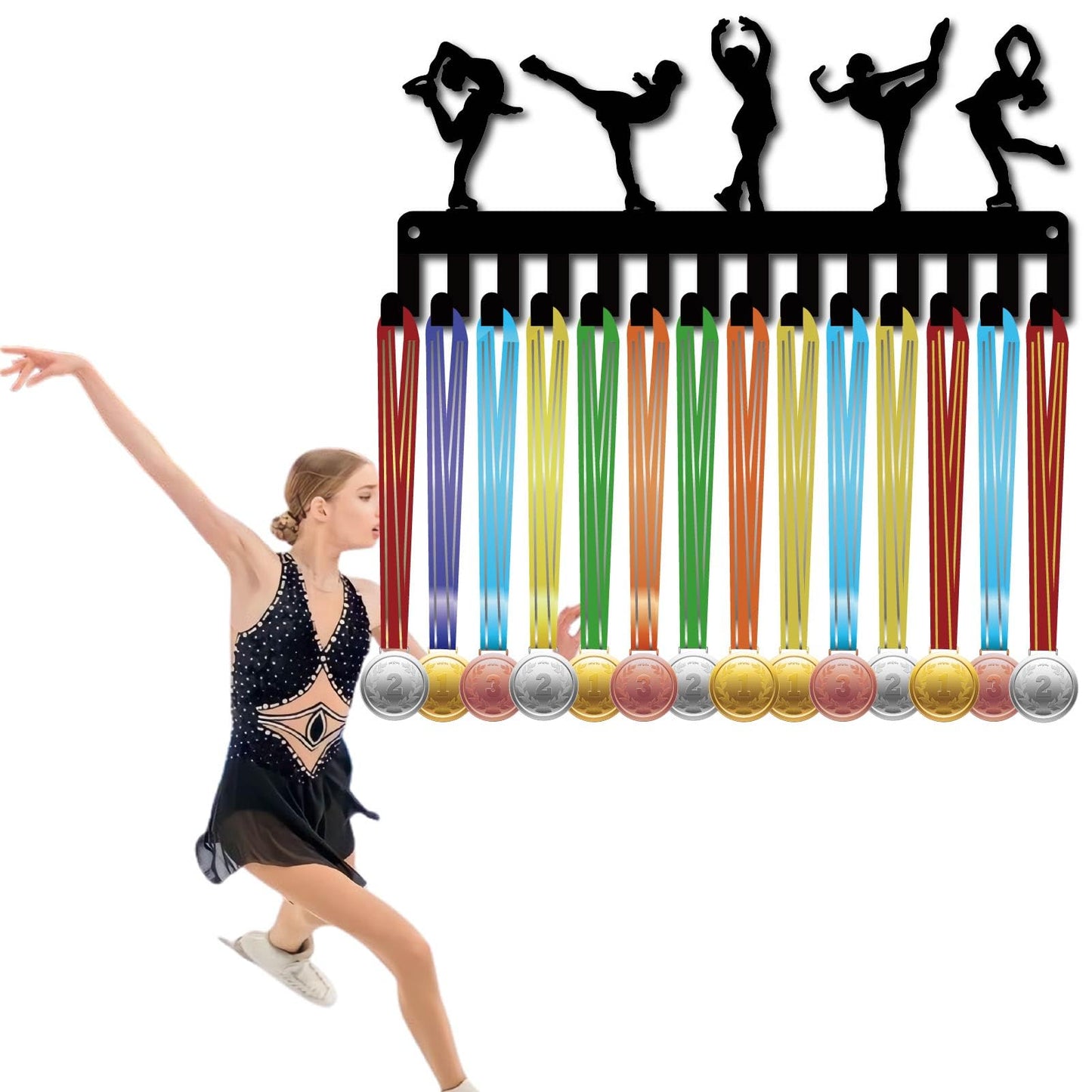 CREATCABIN Figure Skating Medals Holders Medal Display Hanger Small Rack Organizer Metal Ribbon Shelf Stand Frame Decor Wall Mounted Hanging with 14 Hooks for Athlete Sporter Black 11.4 x 5Inch