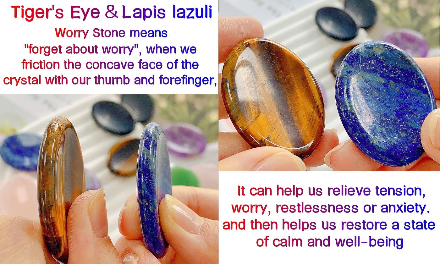 QINJIEJIE 2PCS Worry Stones for Anxiety Tiger's Eye Lapis Lazuli Crystals Hand Carved Thumb Stones Pocket Meditation Oval Shaped Crystal Natural Reiki Relax Palm Stone Gift for Men