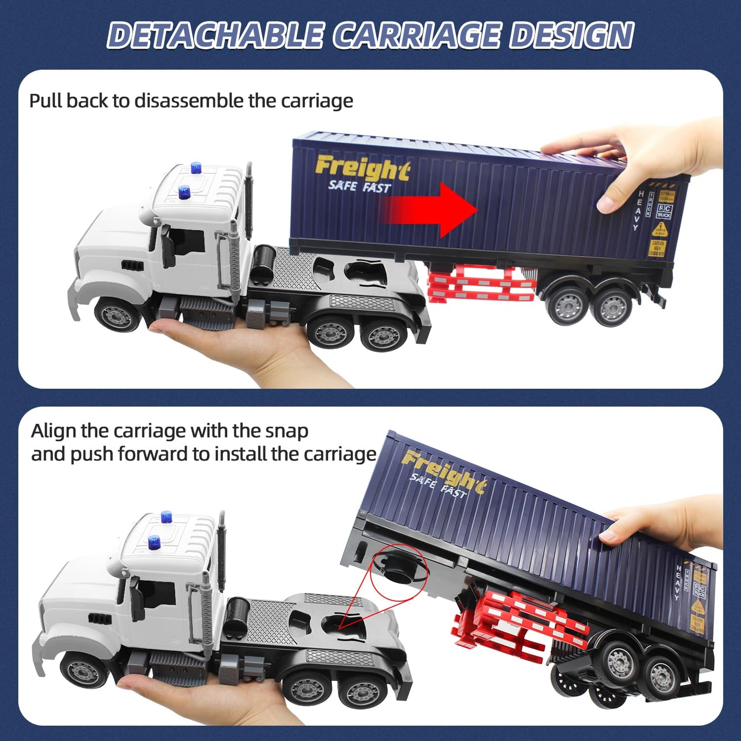 Mostop RC Semi Truck with Trailer, 23.6 Inch Remote Control Semi Truck Toy for Kids 3-8, 1:24 Scale Container Carrier Transport Vehicle with 2 Batteries, LED Lights & Sounds, Birthday Gift for Boys