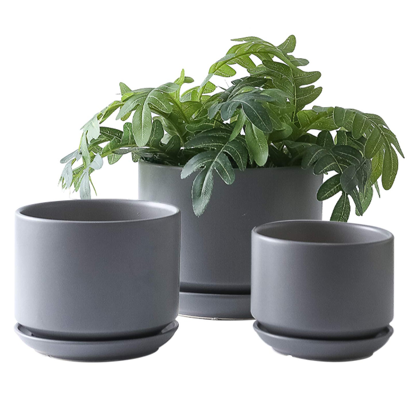 Yishang Succulent Plant Pots,6.7+5.3+4.1 in Glazed Ceramic Planters with Connected Saucers, Round Modern Ceramic Flower pots - Small to Large Sized Plant pots for All House Plants(Matte Grey)
