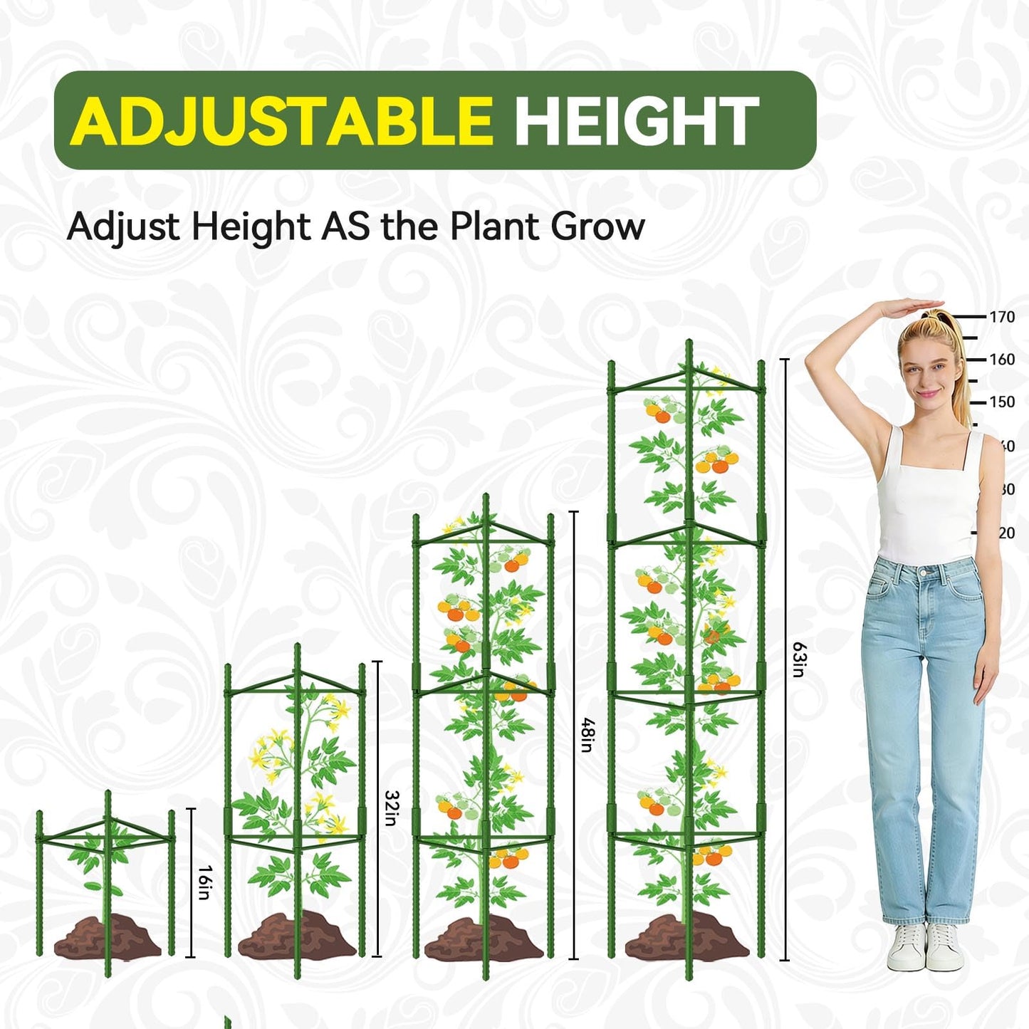 Halatool 63 Inch Tall Tomato Cage 8 Pack, Adjustable Tomato Cages for Garden, Garden Stakes Tomatoe Trellis for Pots, Tomatoes Plant Support for Raised Garden Bed & Vegetables Flowers