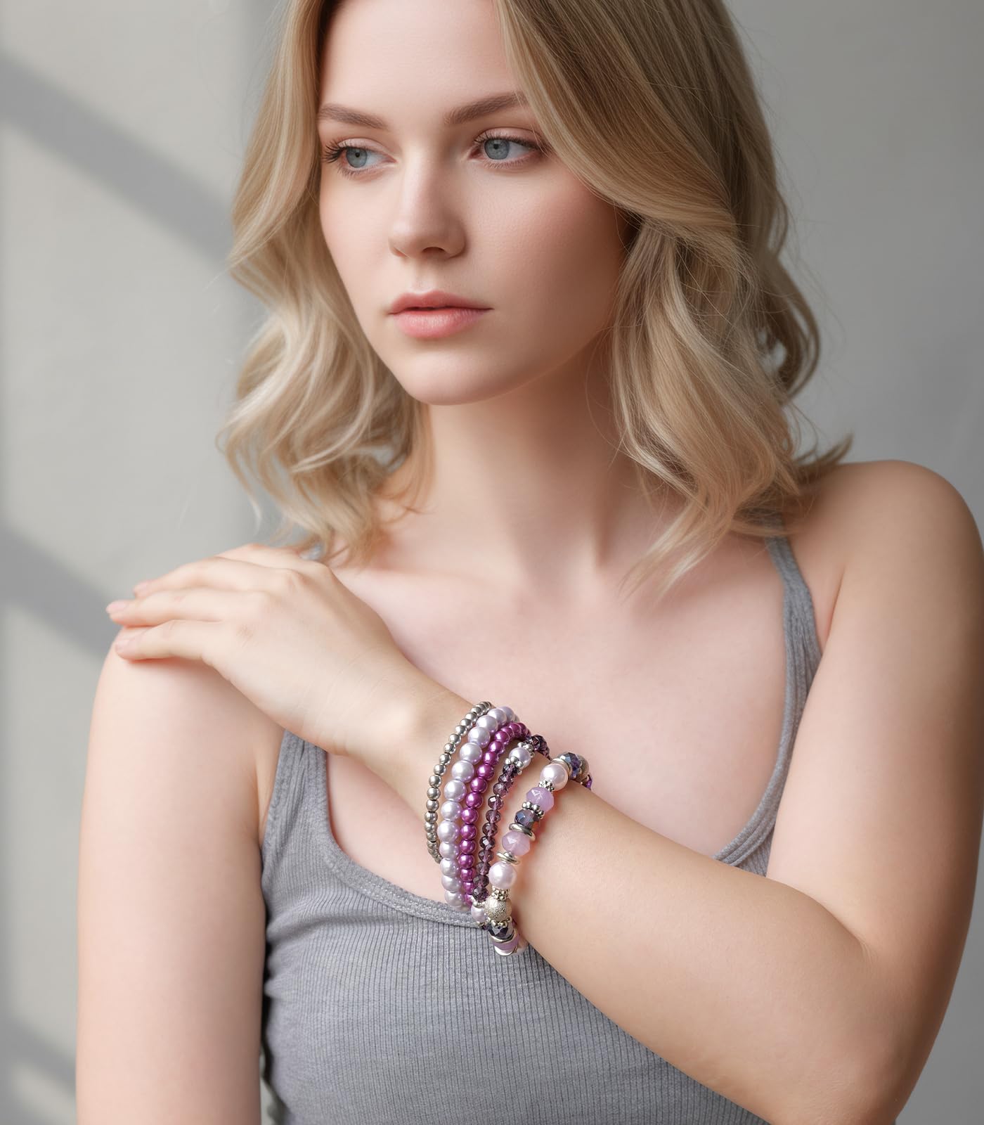 Noessla Beaded Pearl Stretch Bracelet Silver Stackable Crystal Beads Bracelets Trendy Costume Jewelry Mothers Day Gifts for Women(Purple)
