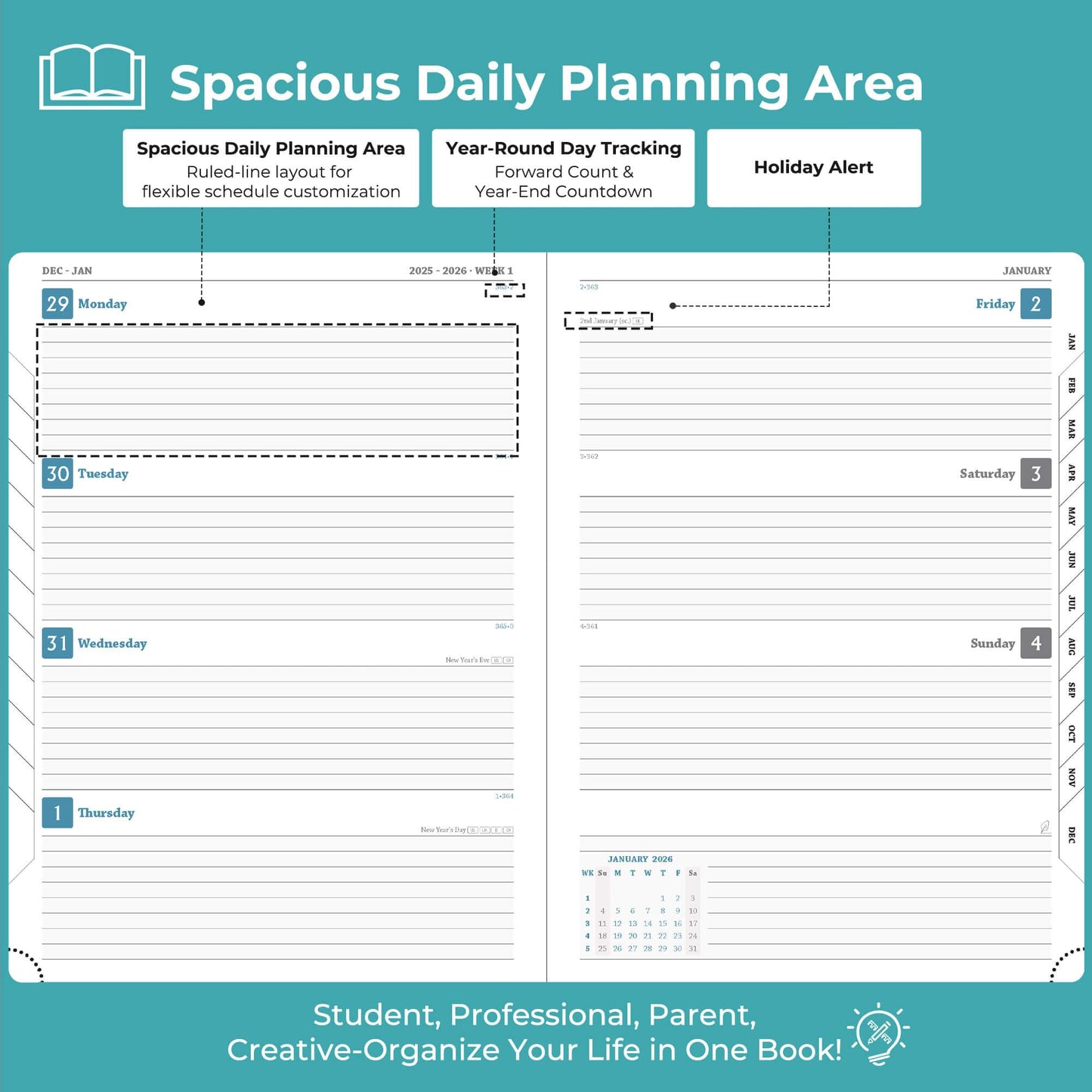 IN-LUXPRO Planner 2026 Daily Weekly and Monthly,11.5"x8.5",12 Months Spiral Bound Calendar Agenda with Self-adhesive Pen Holder,2026 Appointment Book with Vegan Leather Soft Cover,Light Blue